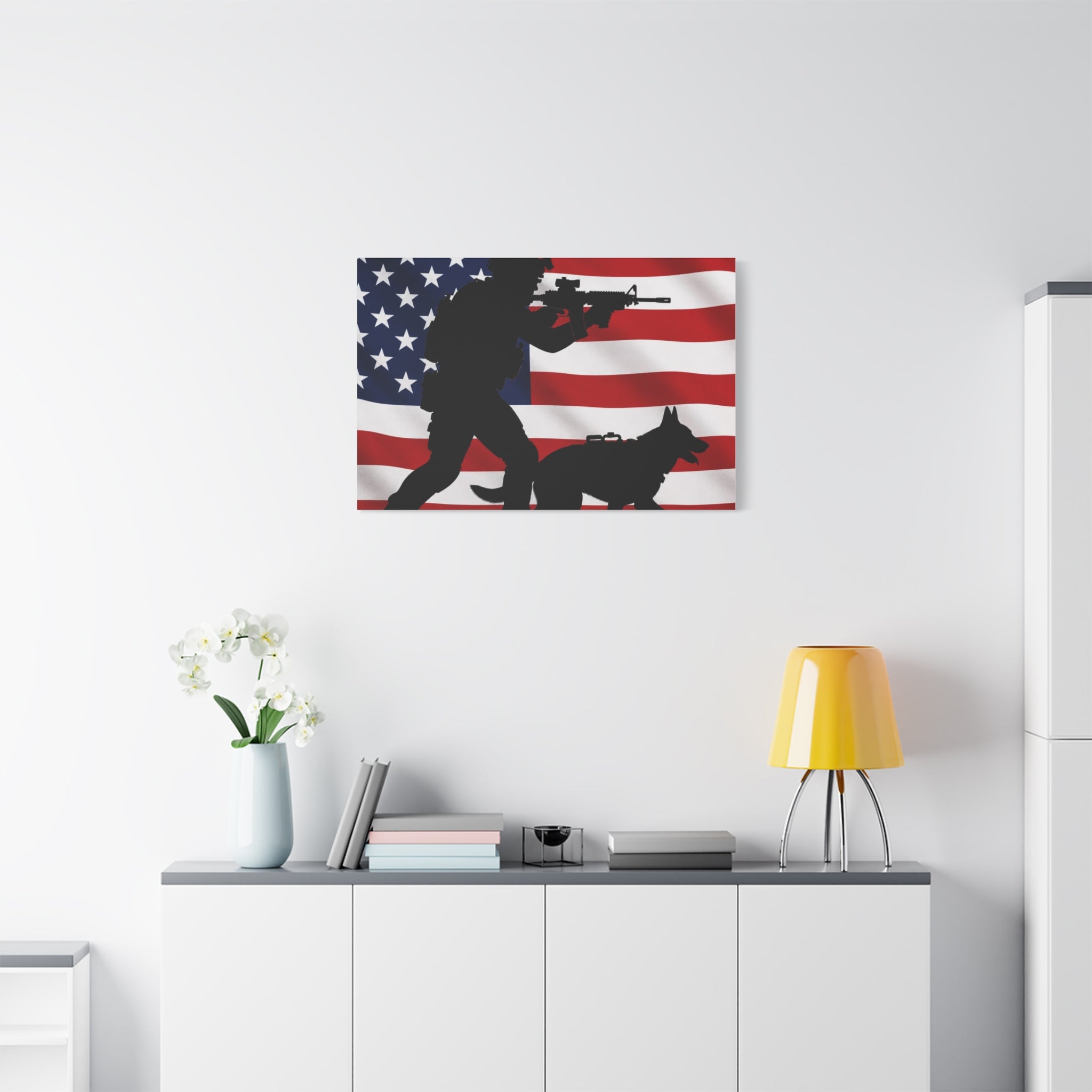 Patriotic Military K9 Canvas Wall Art — Soldier and Dog Silhouette with American Flag