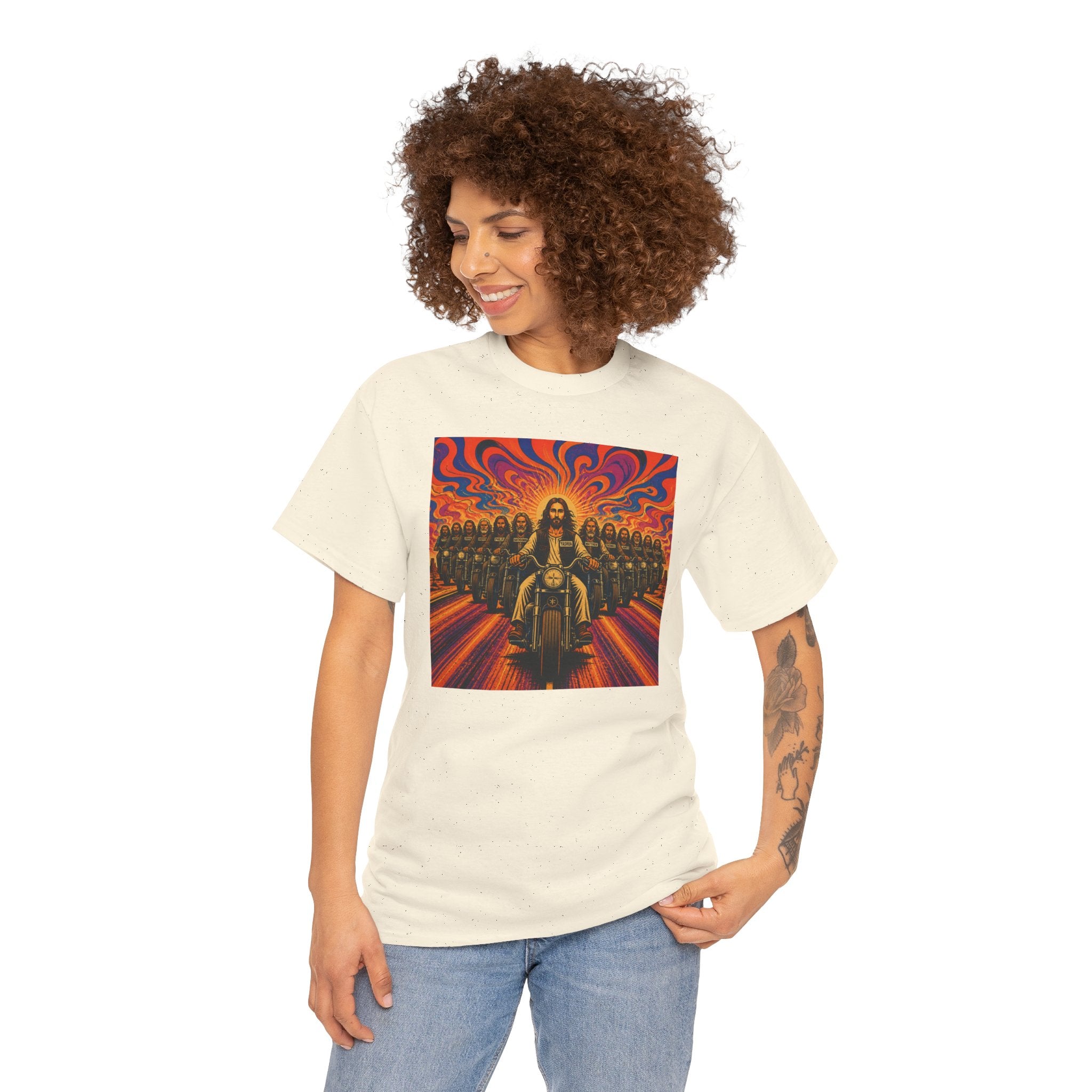 Psychedelic Yashua/Jesus Biker Crew T-Shirt — Retro Jesus Motorcycle Rider Graphic Tee