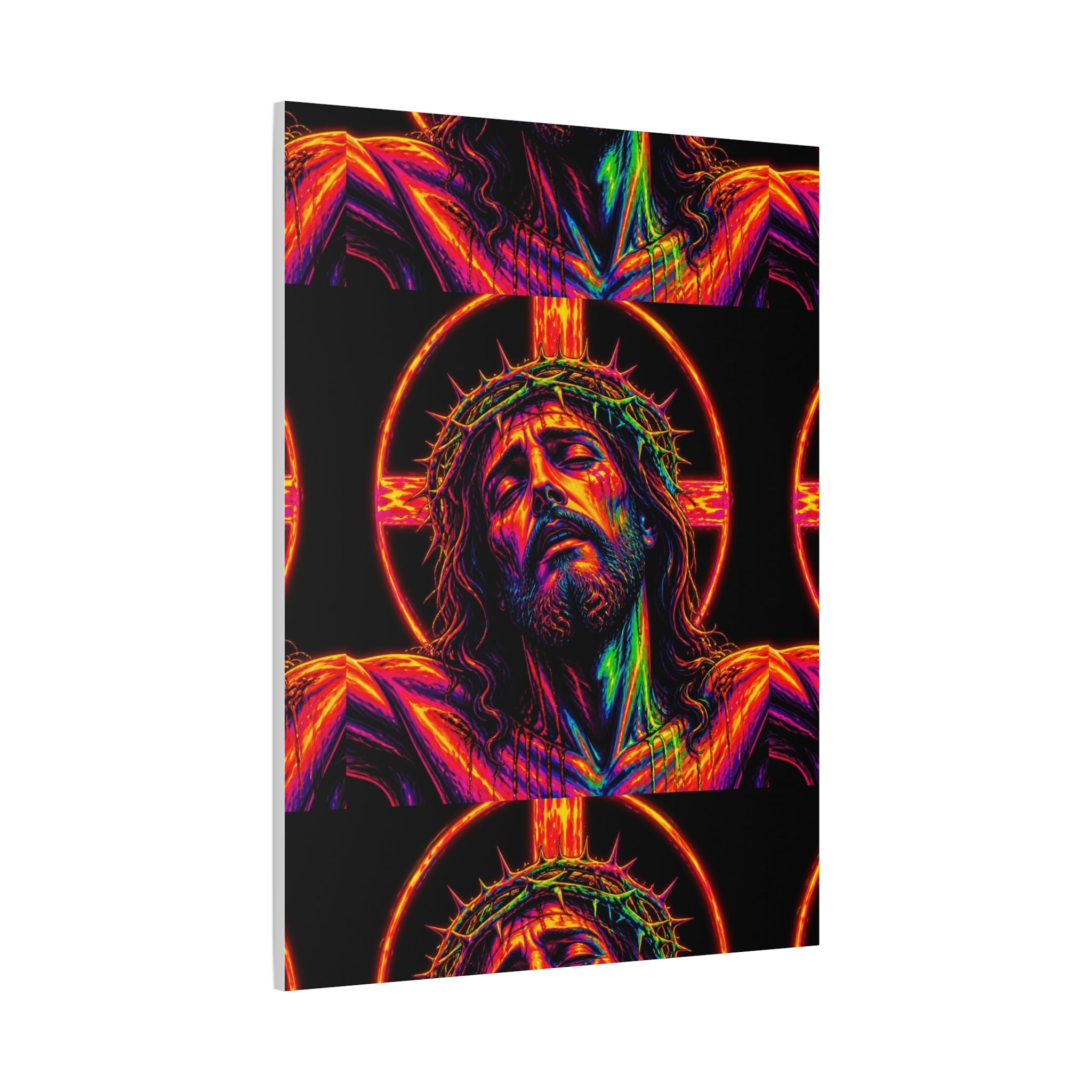Neon Christ Crucifix Canvas Print — Vibrant Religious Wall Art