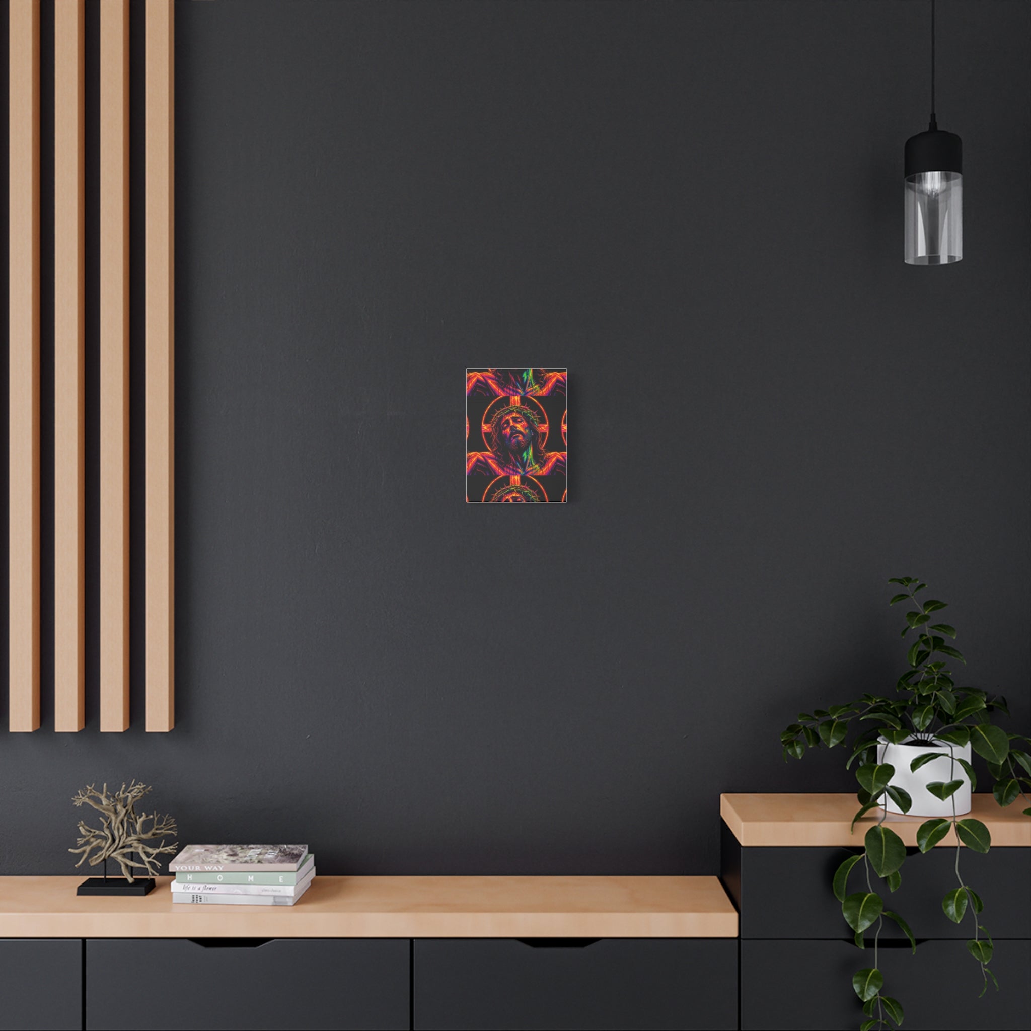 Neon Christ Crucifix Canvas Print — Vibrant Religious Wall Art