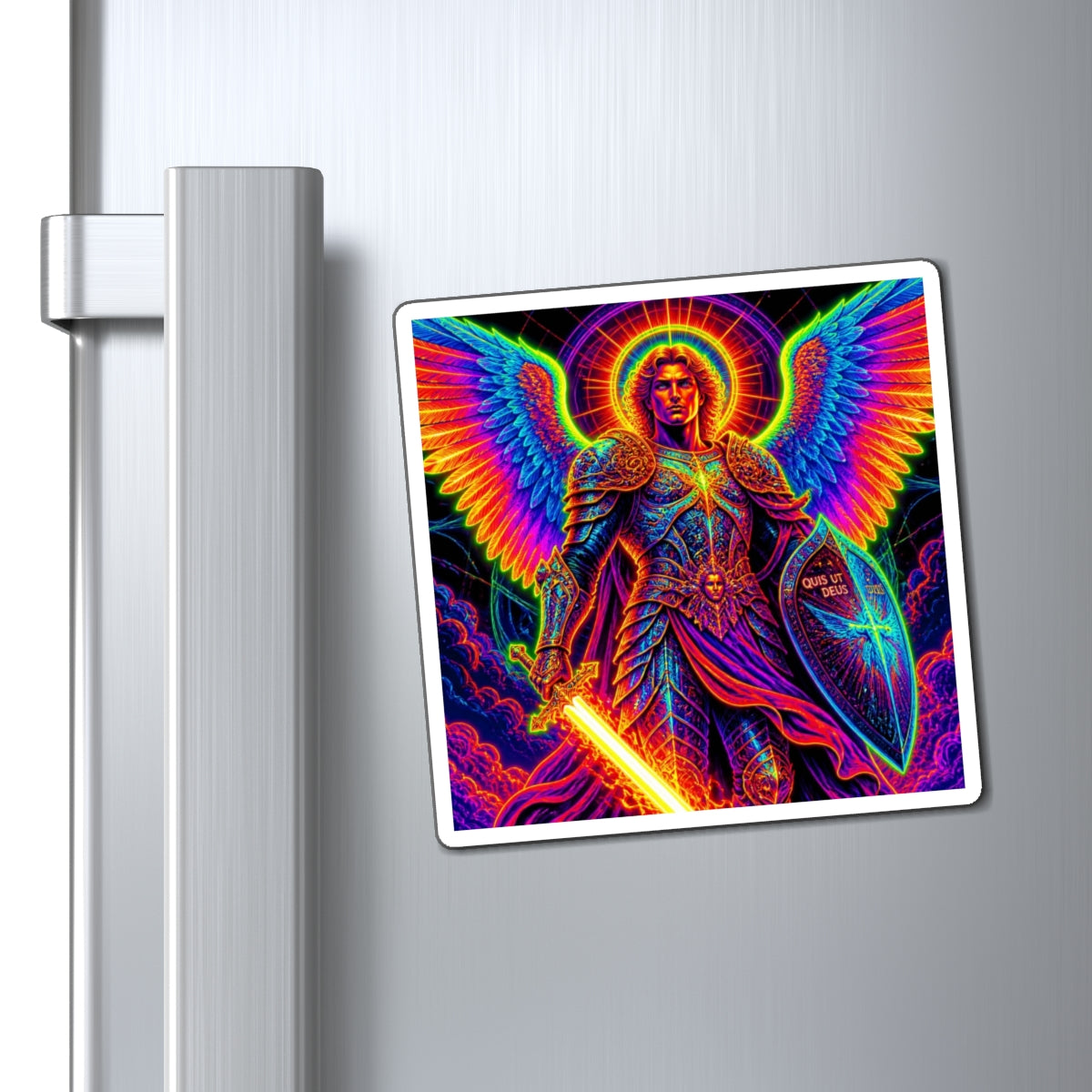 Neon Archangel Magnet — Rainbow Saint Michael with Sword & Shield