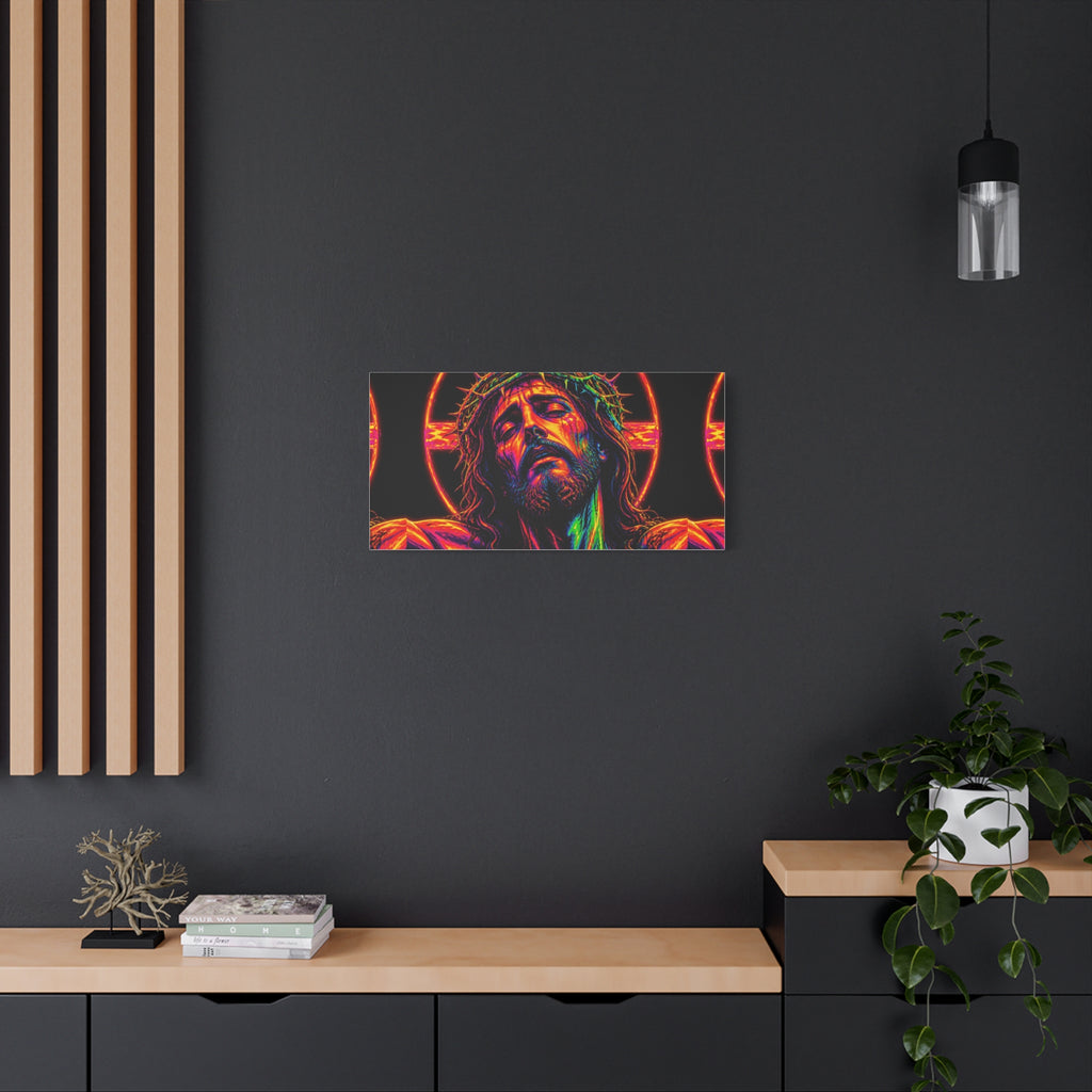 Neon Christ Crucifix Canvas Print — Vibrant Religious Wall Art