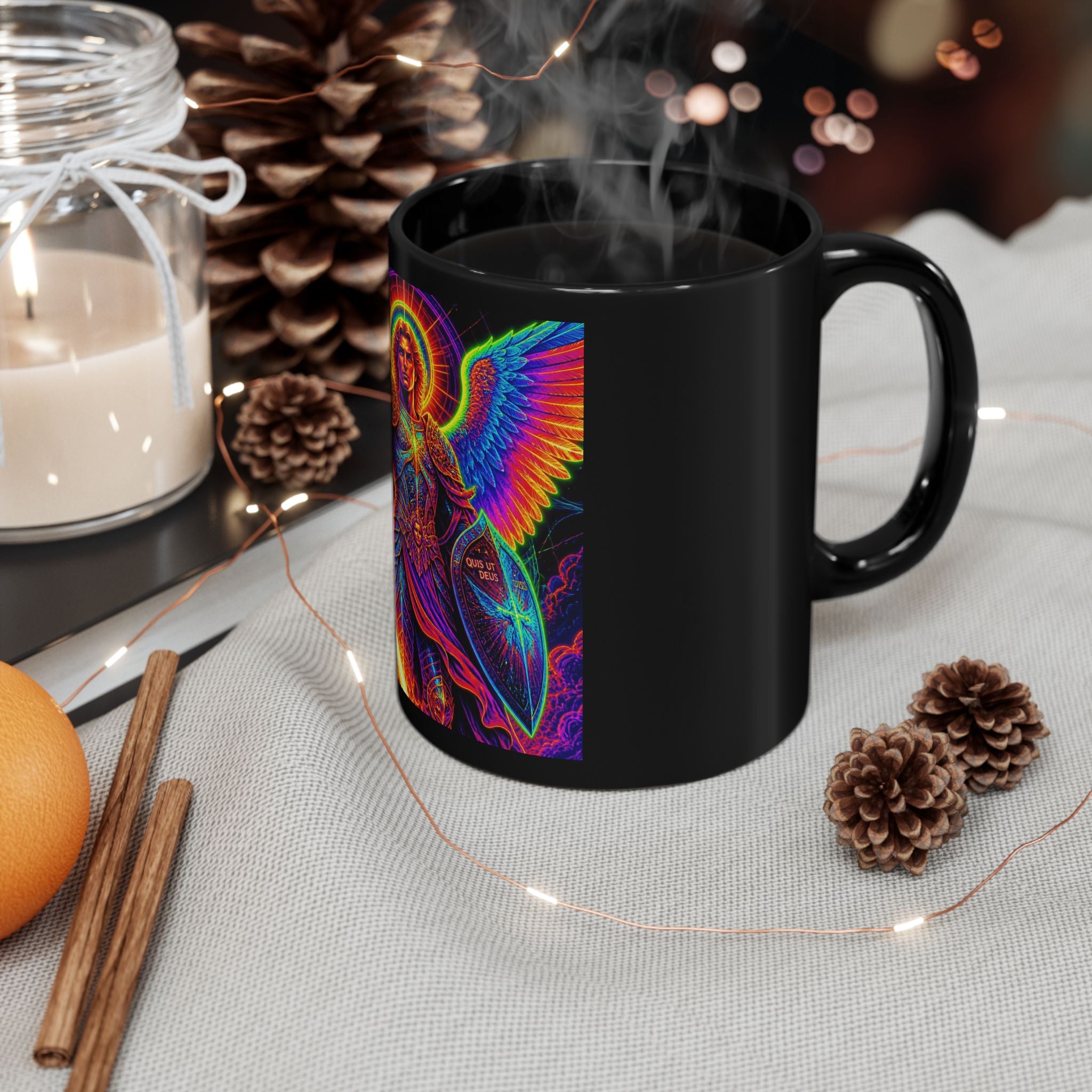 Angel Warrior Black Mug — Neon Archangel Coffee Cup (11oz/15oz)