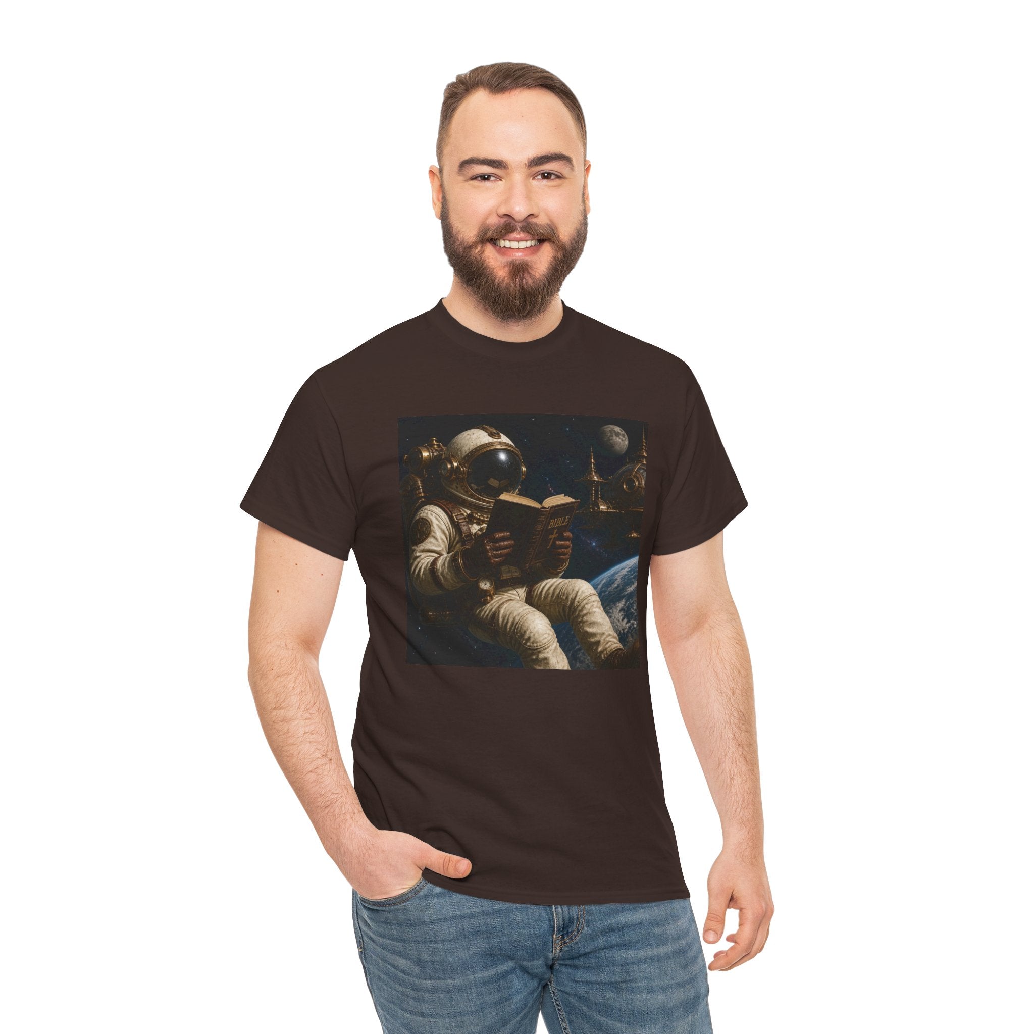 Astronaut Reading Graphic Tee — Spacebook Retro Sci‑Fi T-Shirt - Steampunk