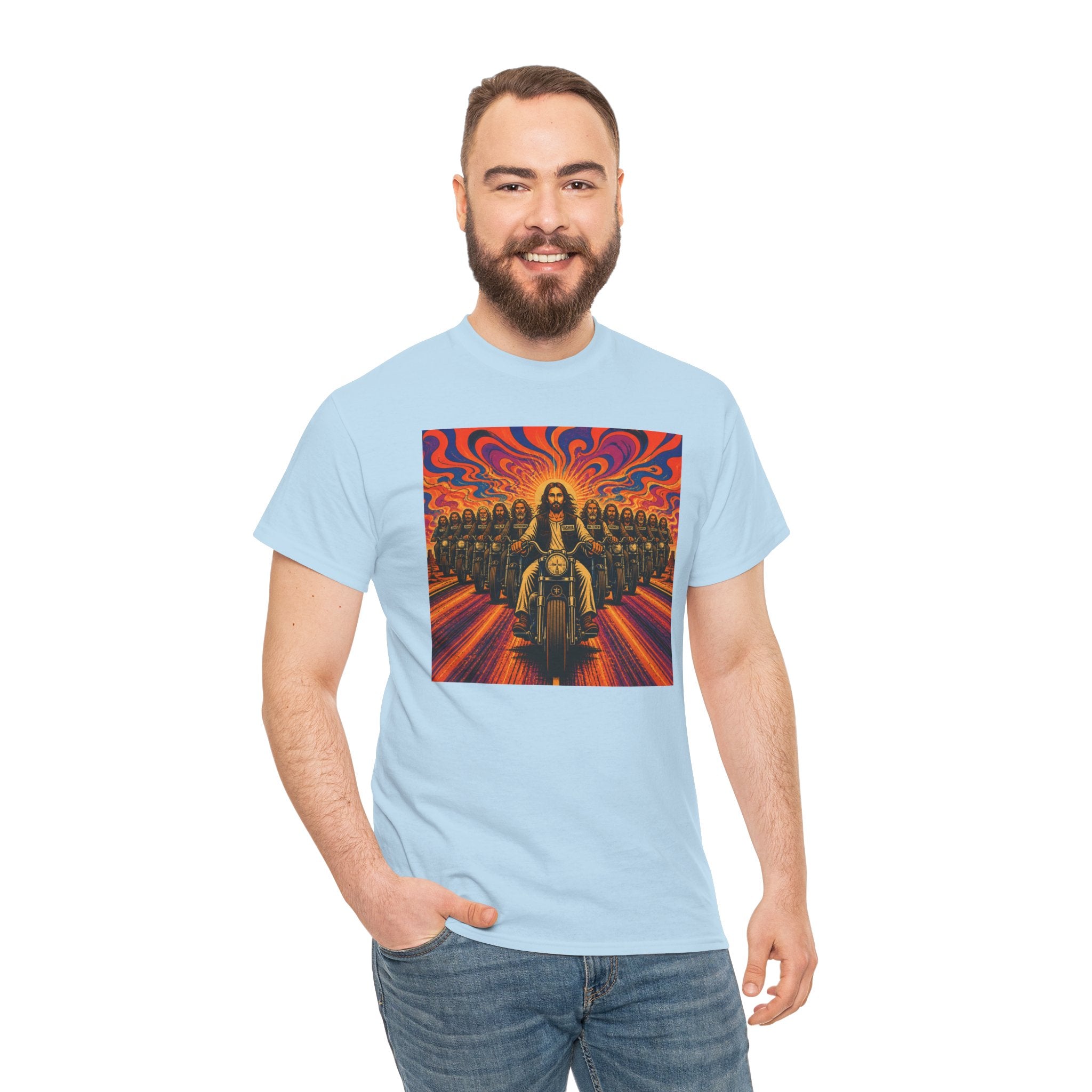 Psychedelic Yashua/Jesus Biker Crew T-Shirt — Retro Jesus Motorcycle Rider Graphic Tee