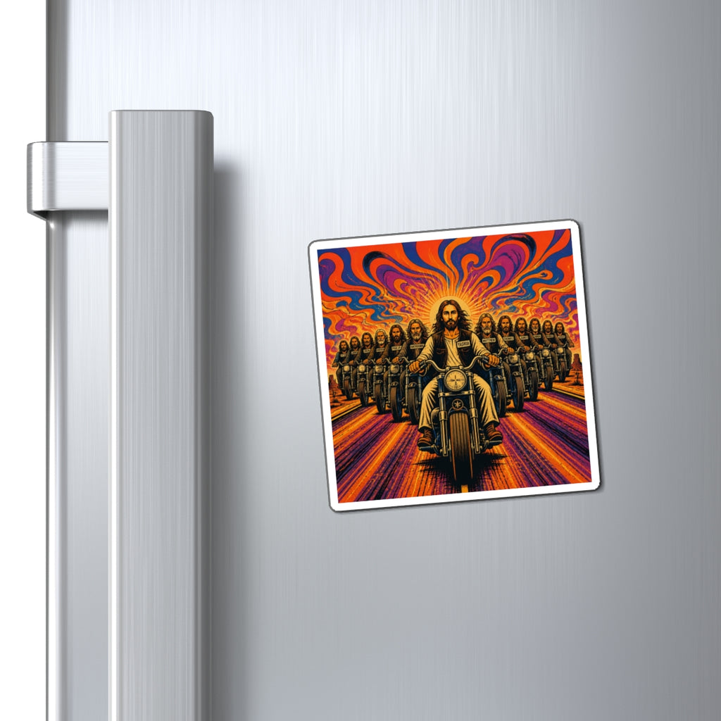 Jesus Motorcycle Rider Magnet — Psychedelic Biker Faith Art Refrigerator Magnet