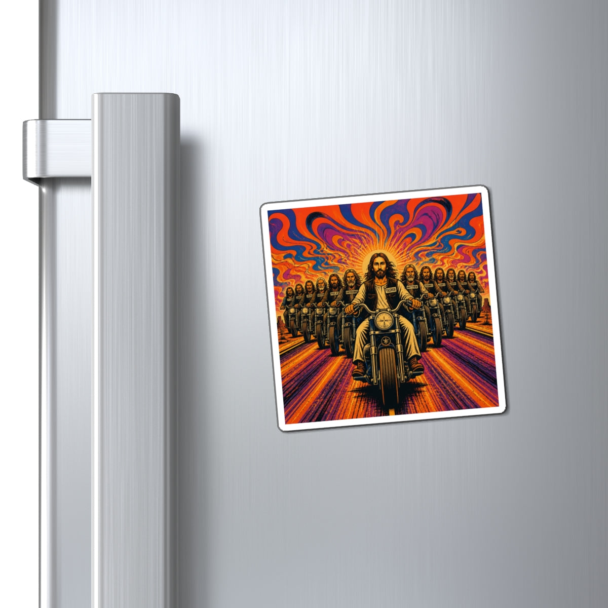 Jesus Motorcycle Rider Magnet — Psychedelic Biker Faith Art Refrigerator Magnet