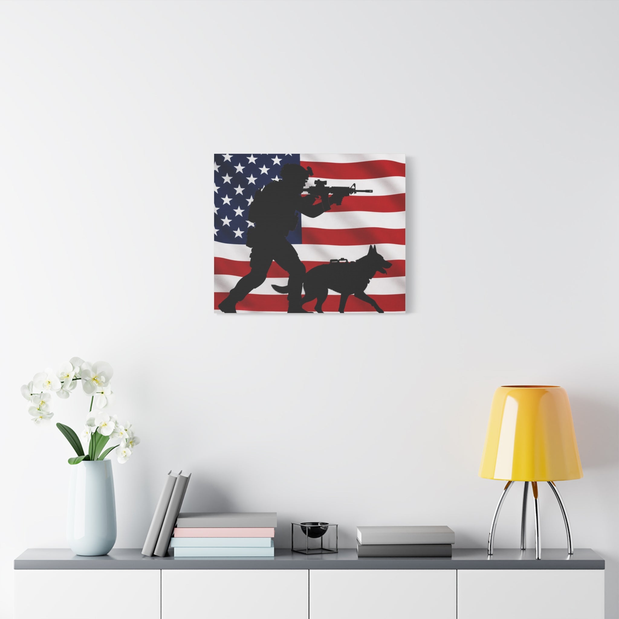 Patriotic Military K9 Canvas Wall Art — Soldier and Dog Silhouette with American Flag