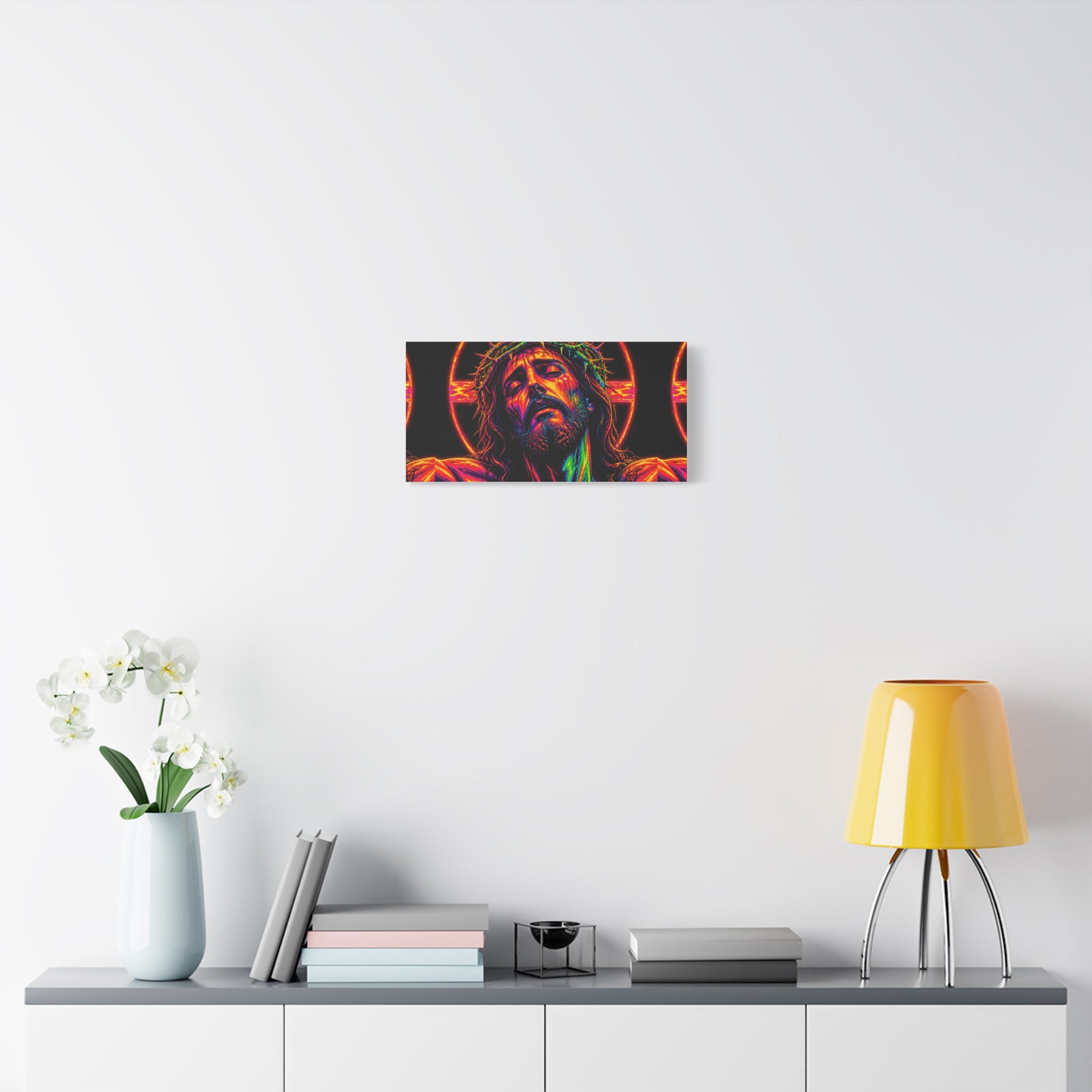 Neon Christ Crucifix Canvas Print — Vibrant Religious Wall Art