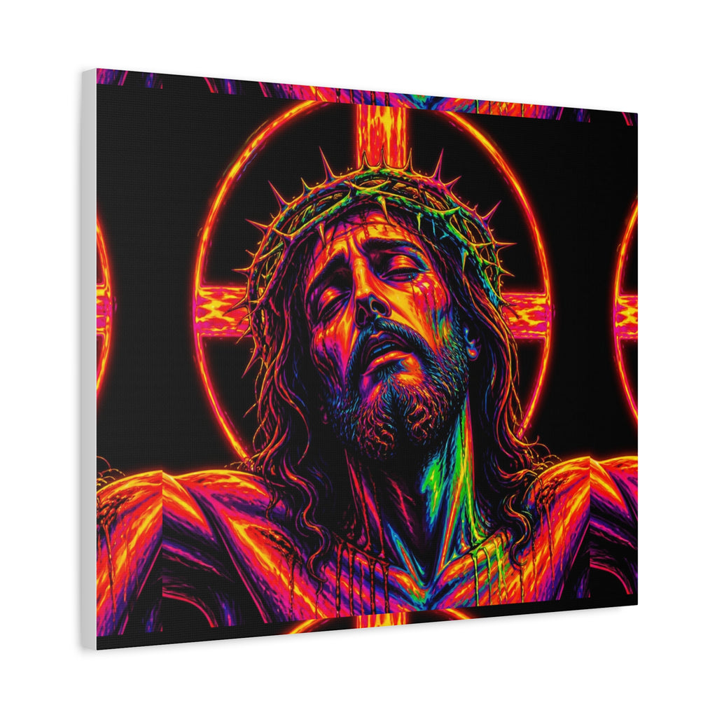 Neon Christ Crucifix Canvas Print — Vibrant Religious Wall Art