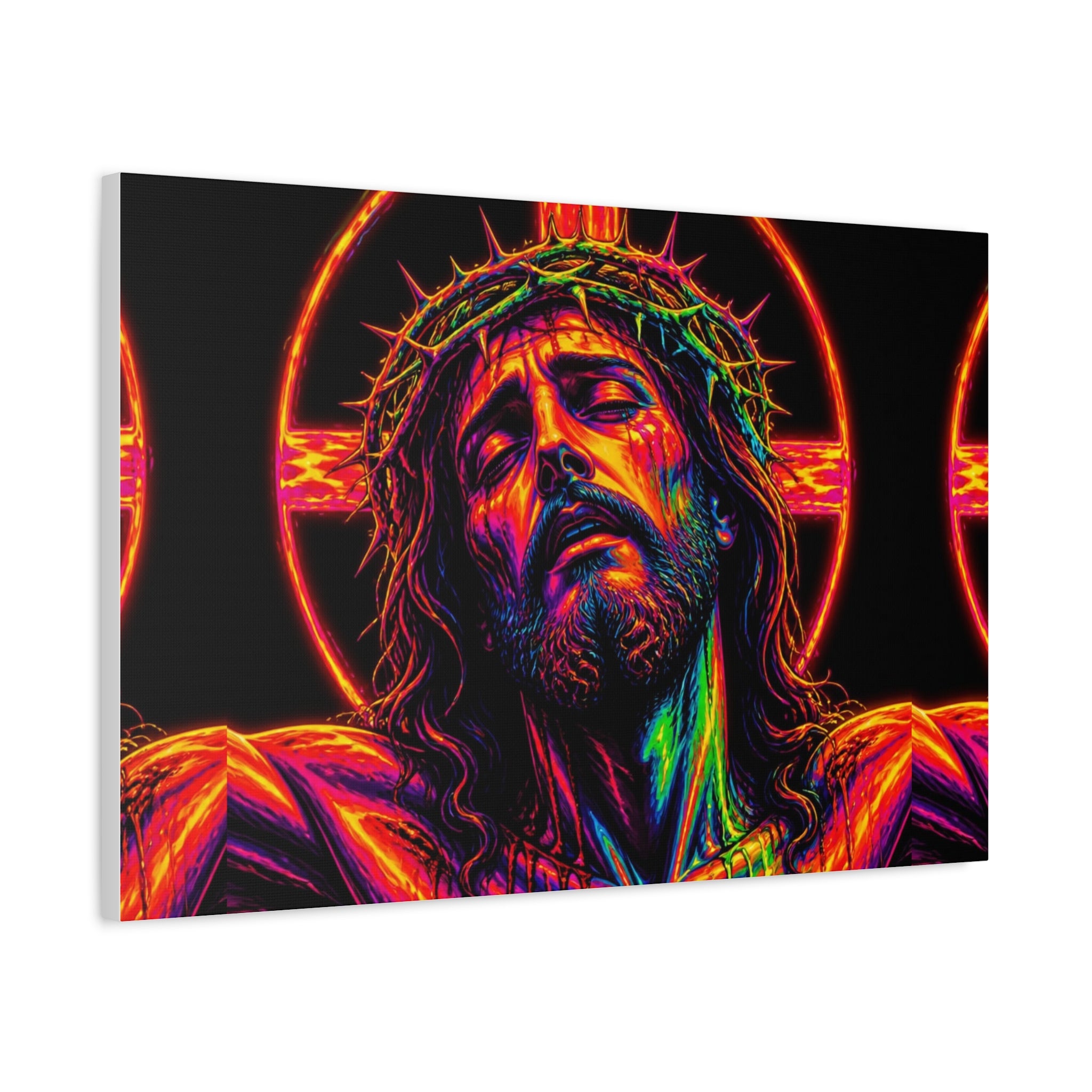 Neon Christ Crucifix Canvas Print — Vibrant Religious Wall Art