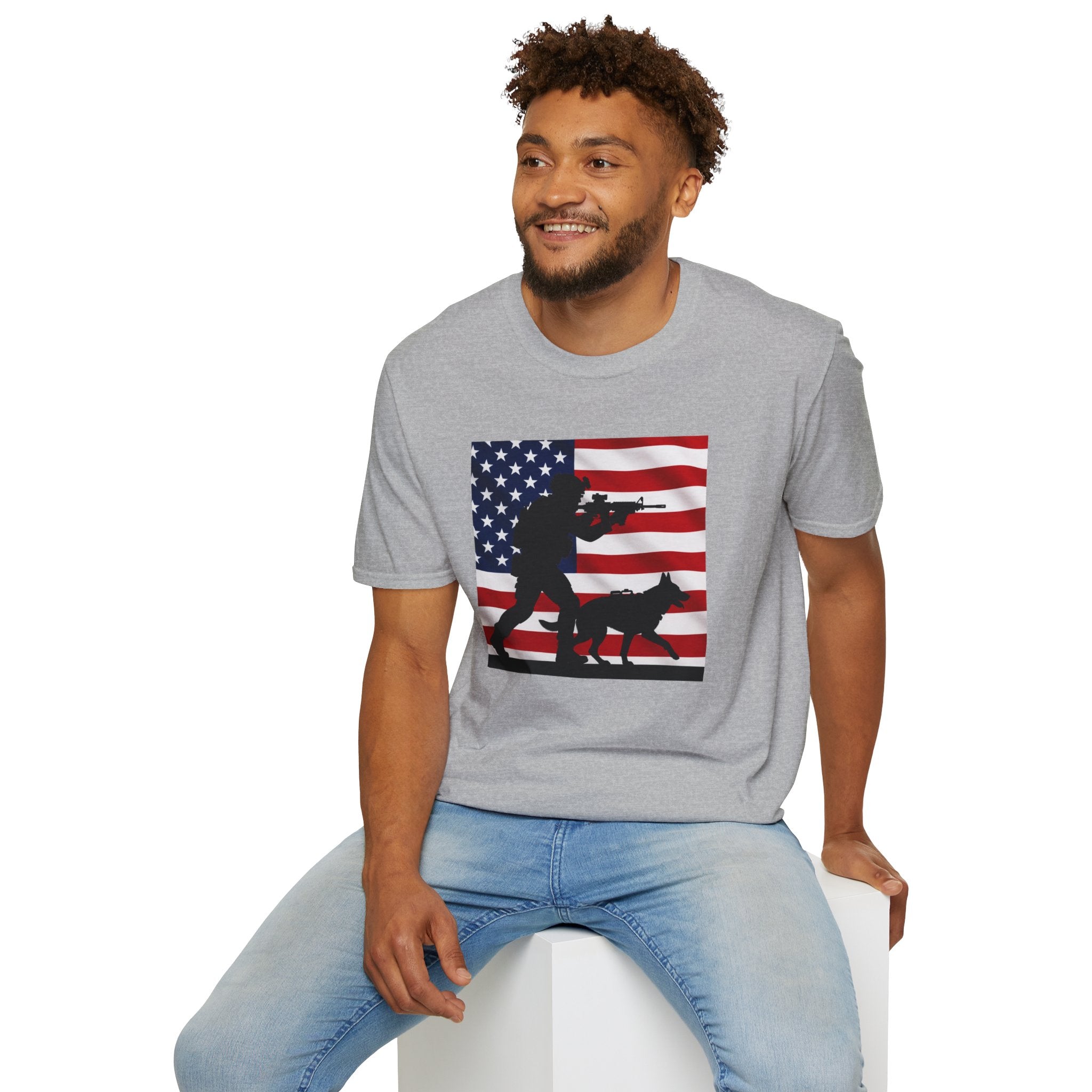 Patriotic K9 Handler T-Shirt — American Flag Soldier with Dog Graphic