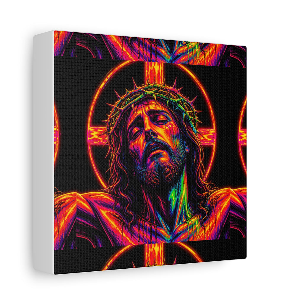 Neon Christ Crucifix Canvas Print — Vibrant Religious Wall Art
