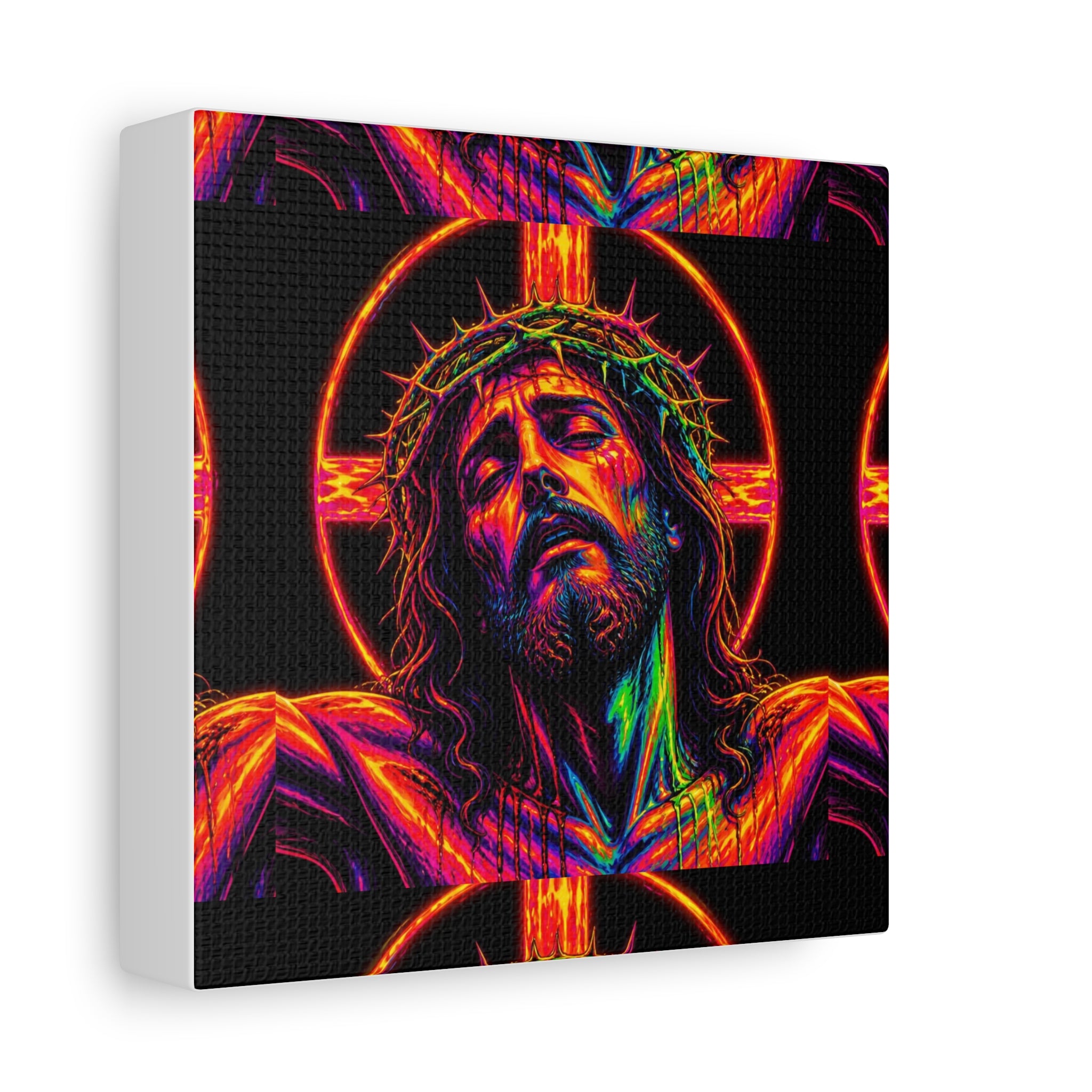 Neon Christ Crucifix Canvas Print — Vibrant Religious Wall Art