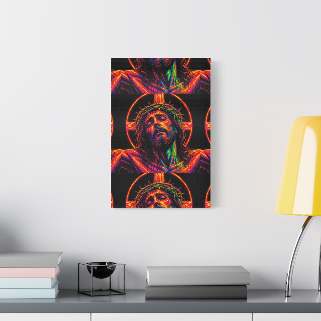 Neon Christ Crucifix Canvas Print — Vibrant Religious Wall Art