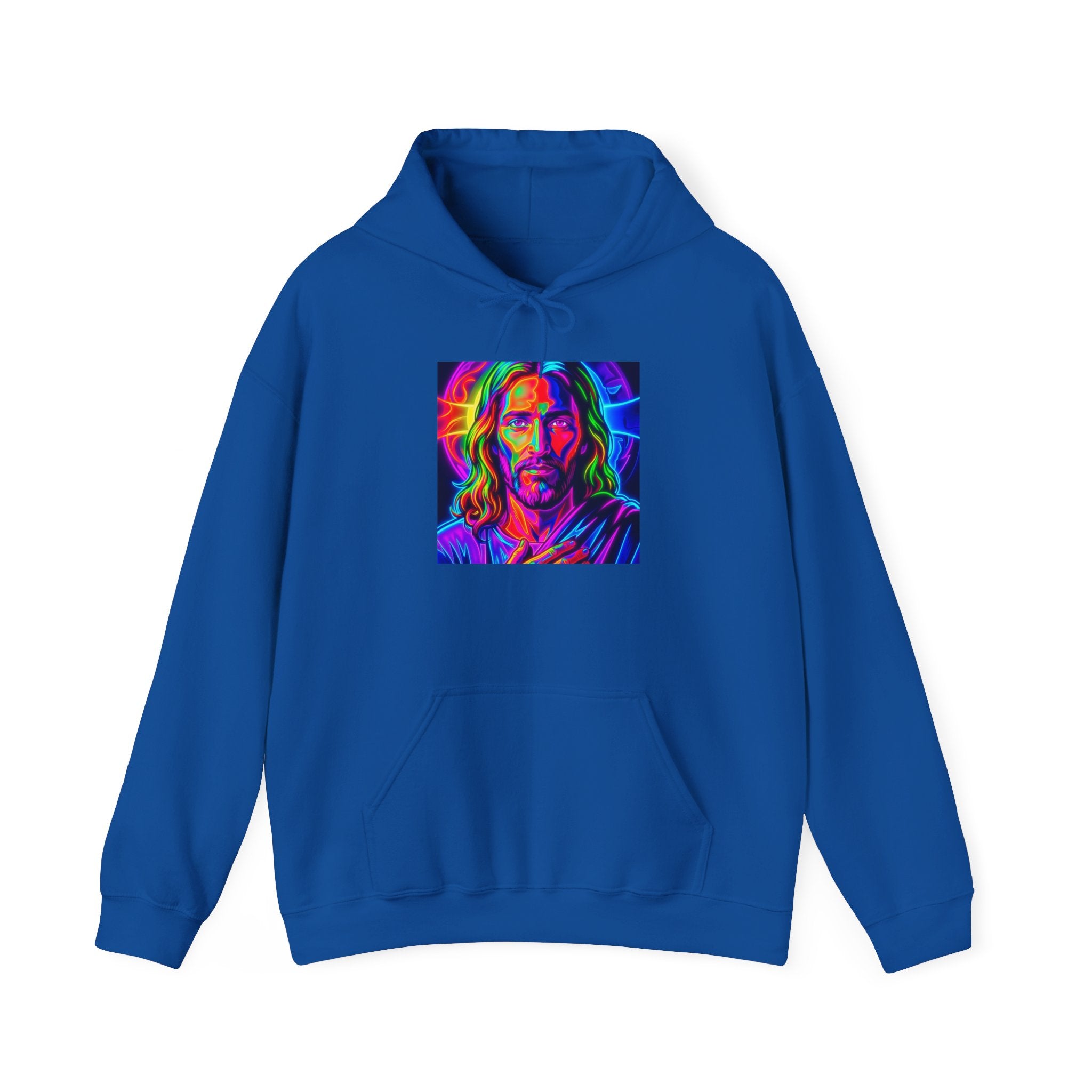 Psychedelic Jesus Portrait Hoodie — Vibrant Rainbow Christian Graphic Sweatshirt
