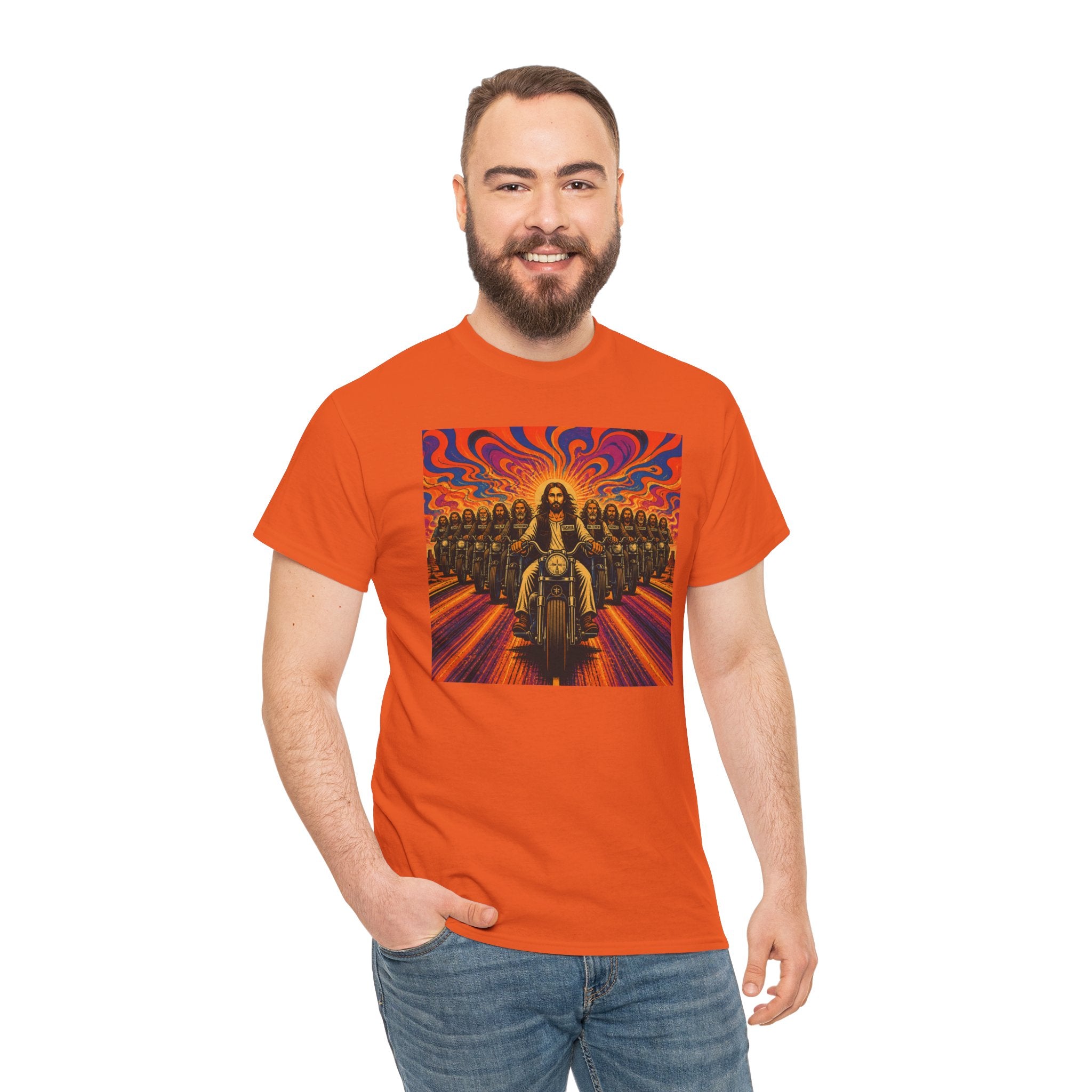 Psychedelic Yashua/Jesus Biker Crew T-Shirt — Retro Jesus Motorcycle Rider Graphic Tee