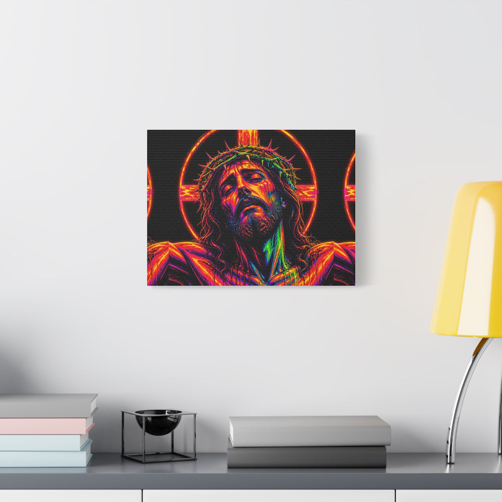 Neon Christ Crucifix Canvas Print — Vibrant Religious Wall Art