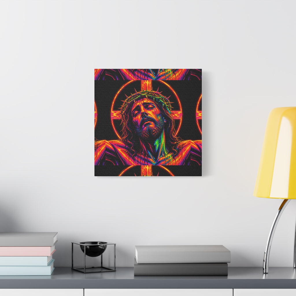 Neon Christ Crucifix Canvas Print — Vibrant Religious Wall Art