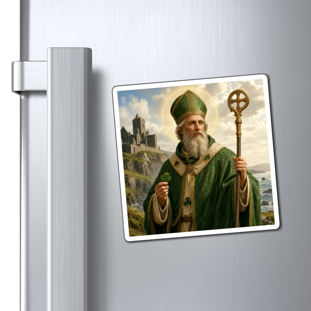 Saint Patrick Magnet — Irish Catholic Saint Fridge Magnet, Shamrock & Celtic Cross Decor
