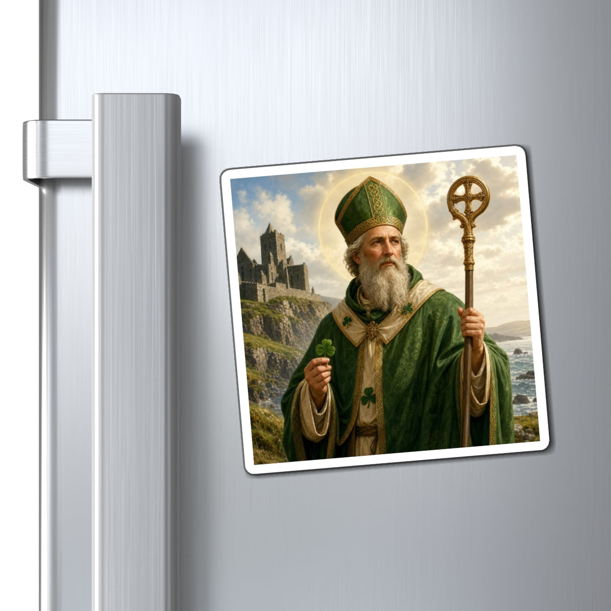 Saint Patrick Magnet — Irish Catholic Saint Fridge Magnet, Shamrock & Celtic Cross Decor