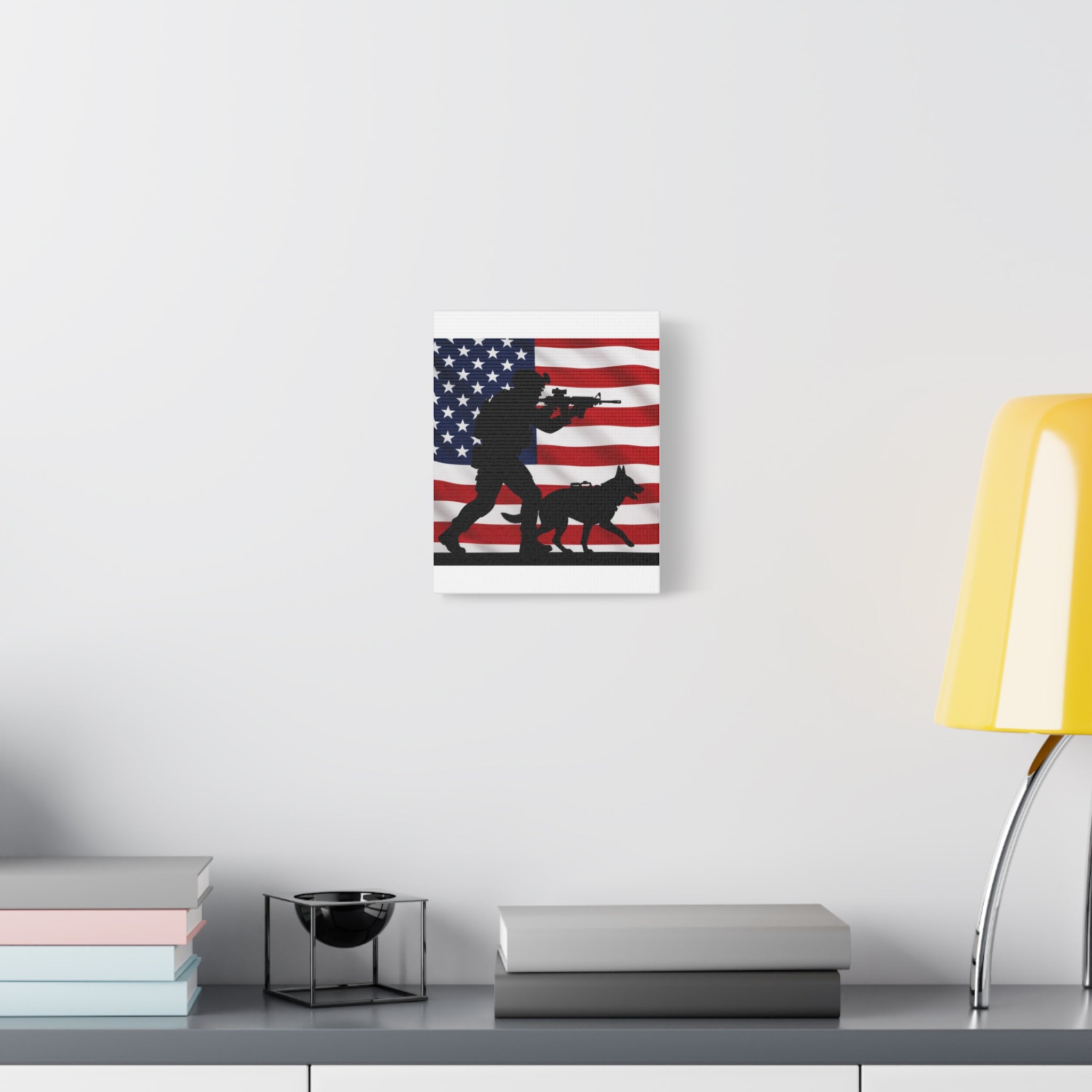Patriotic Military K9 Canvas Wall Art — Soldier and Dog Silhouette with American Flag