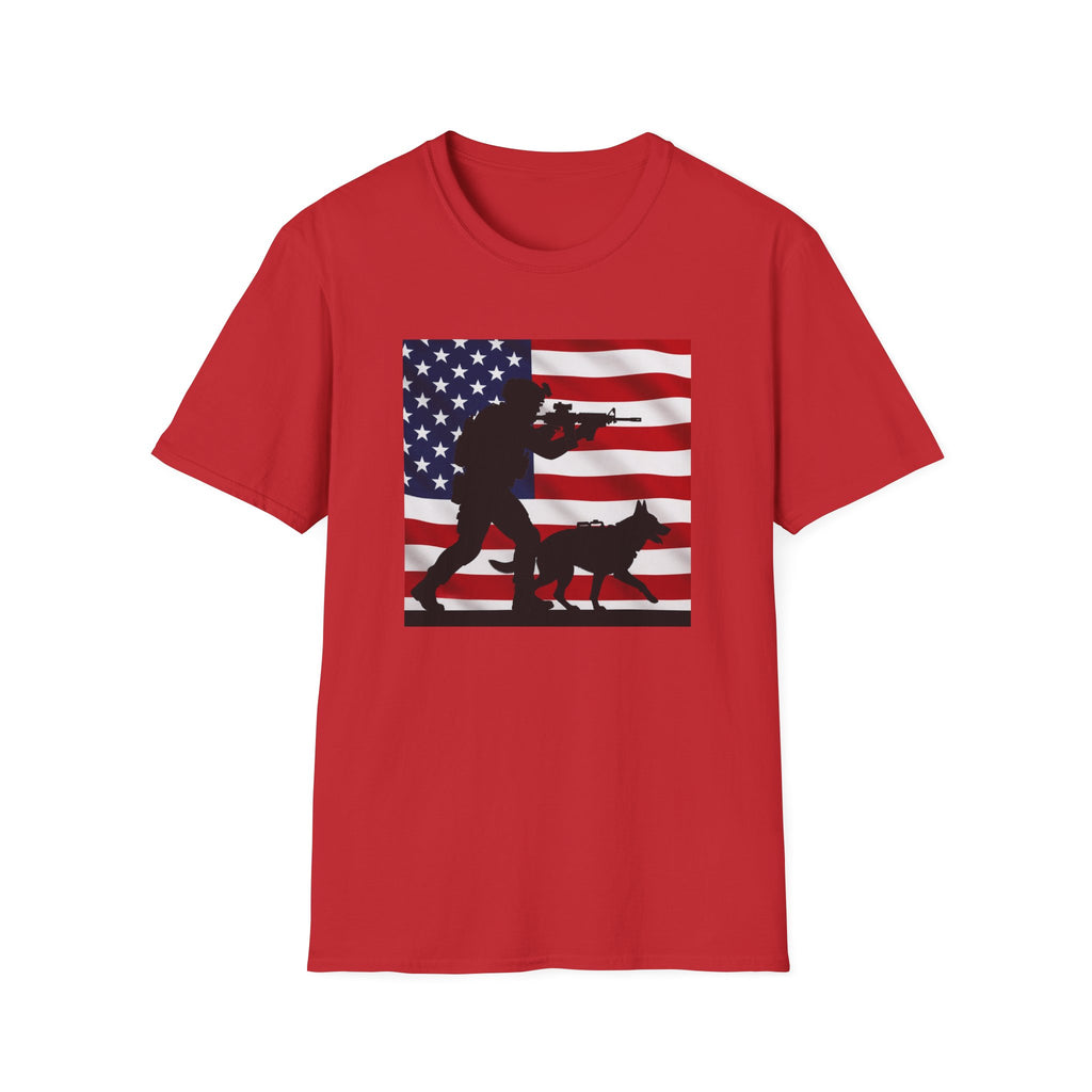 Patriotic K9 Handler T-Shirt — American Flag Soldier with Dog Graphic