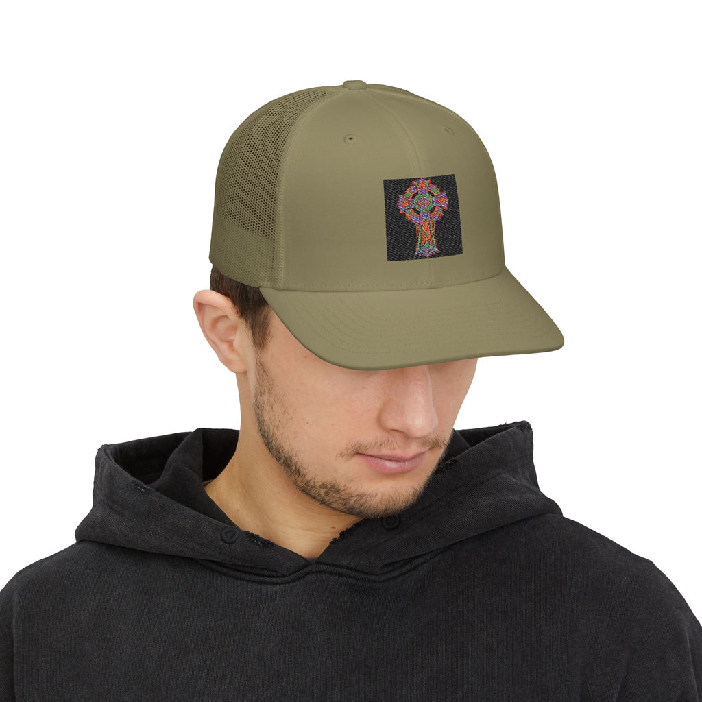 Floral Cross Snapback Trucker Cap — Colorful Mosaic Church Cross Hat