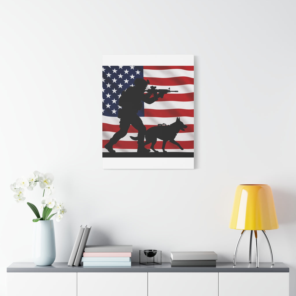 Patriotic Military K9 Canvas Wall Art — Soldier and Dog Silhouette with American Flag