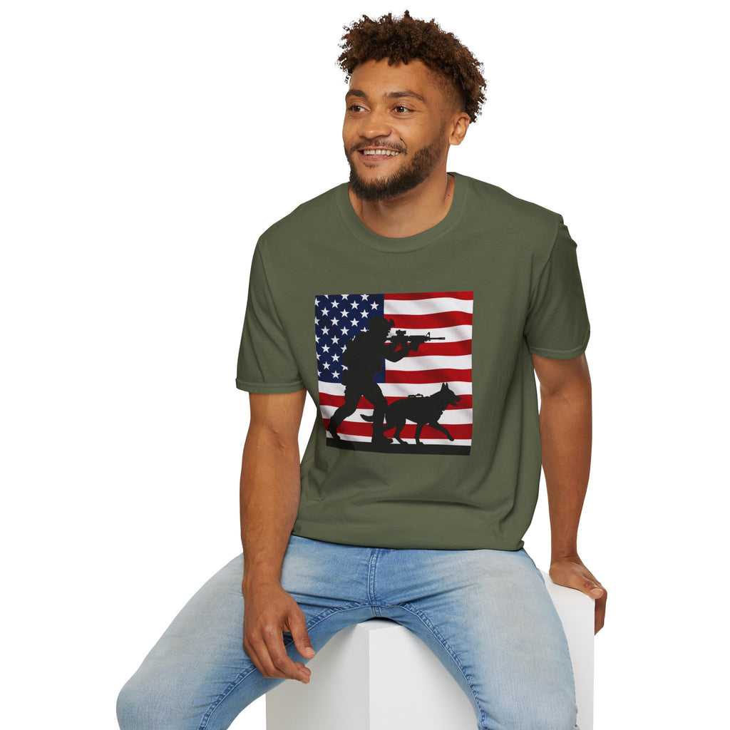 Patriotic K9 Handler T-Shirt — American Flag Soldier with Dog Graphic
