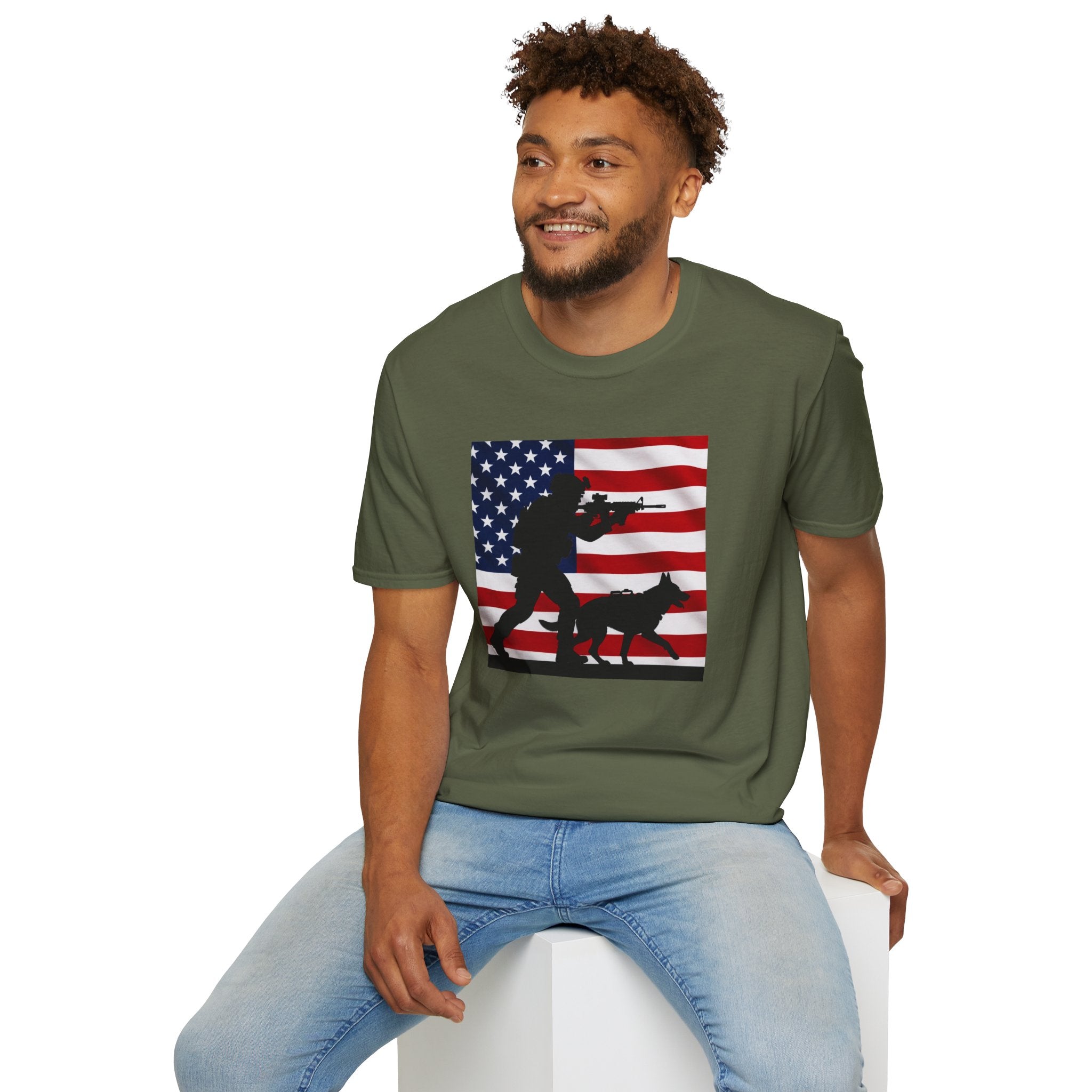 Patriotic K9 Handler T-Shirt — American Flag Soldier with Dog Graphic