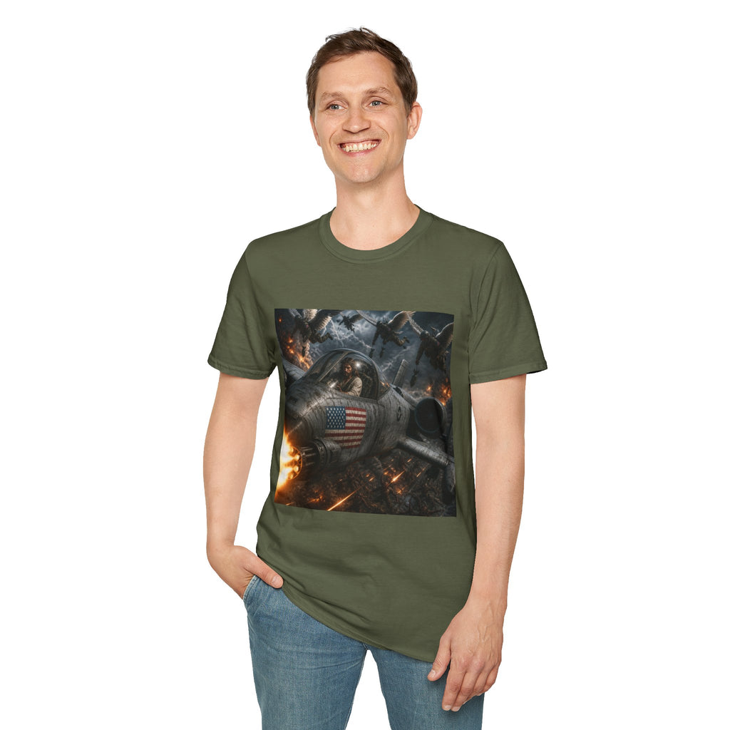 Jesus Military Pilot T‑Shirt — Vintage Jetfighter Scene with American Flag