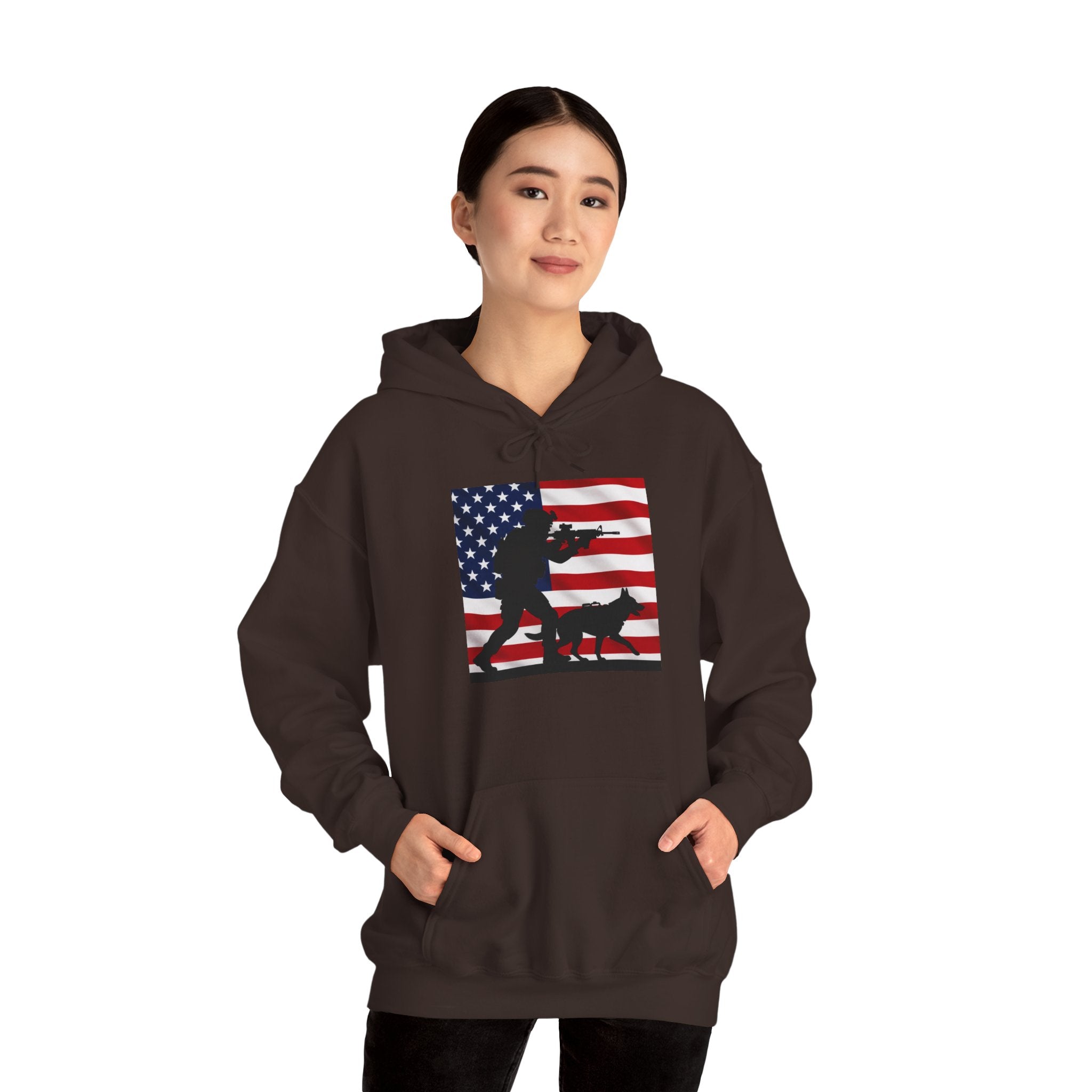 American K9 Handler Hoodie — US Flag Dog Silhouette Patriotic Sweatshirt