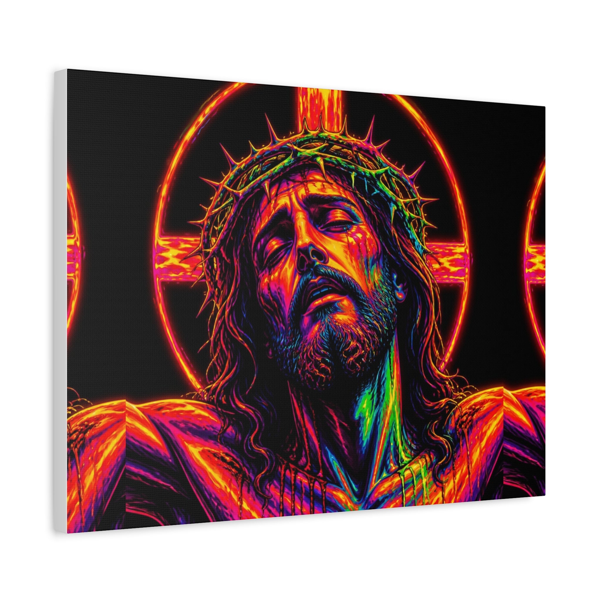 Neon Christ Crucifix Canvas Print — Vibrant Religious Wall Art