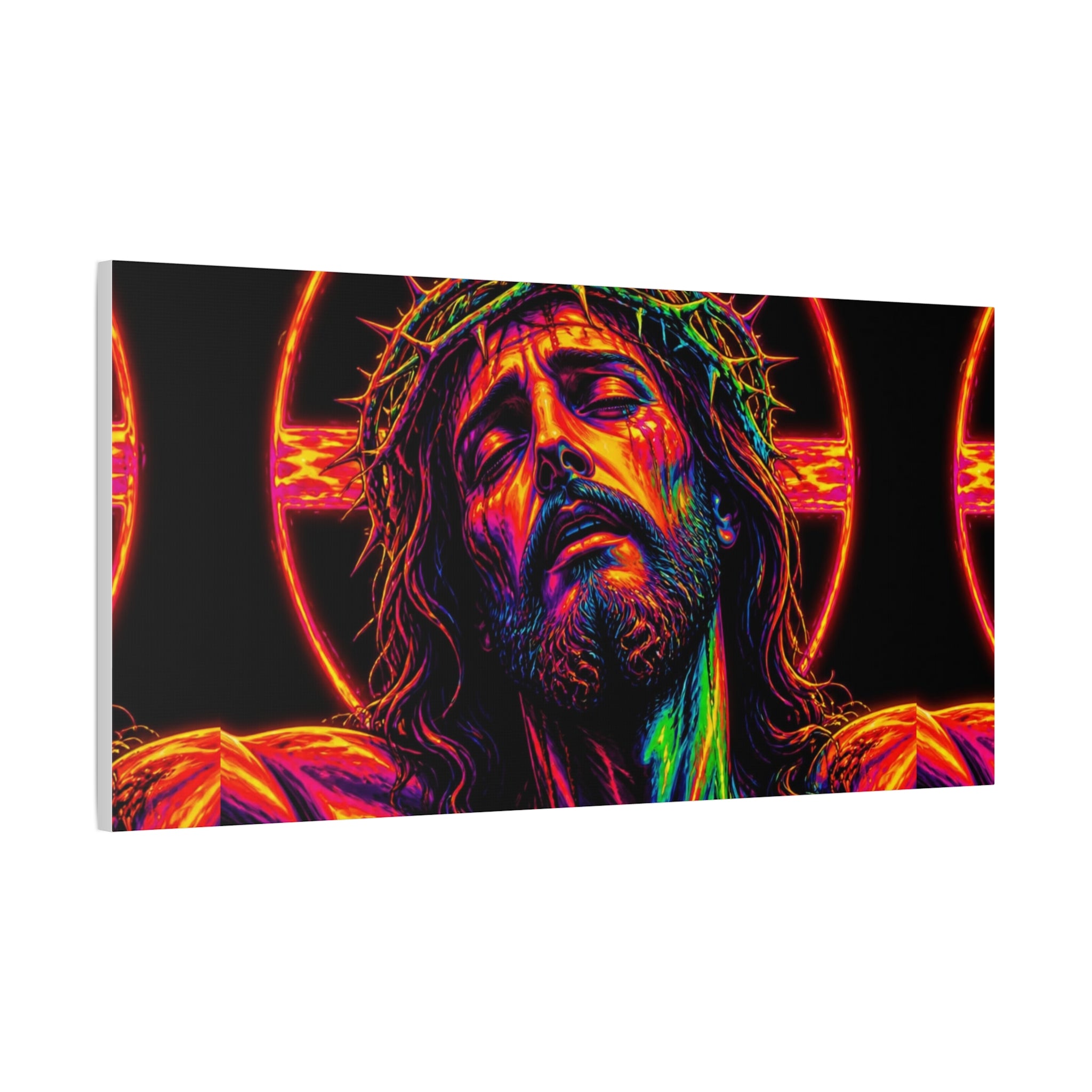 Neon Christ Crucifix Canvas Print — Vibrant Religious Wall Art