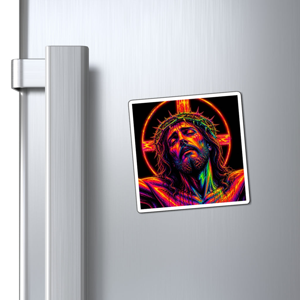 Jesus Crucifixion Neon Art Magnet — Vibrant Religious Refrigerator Sticker