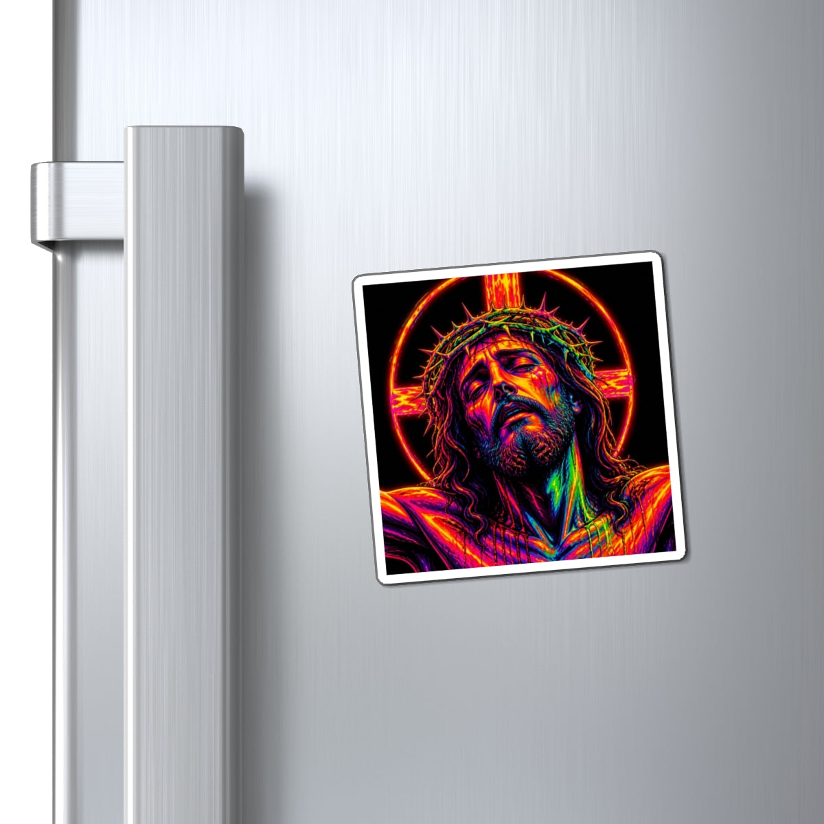 Jesus Crucifixion Neon Art Magnet — Vibrant Religious Refrigerator Sticker