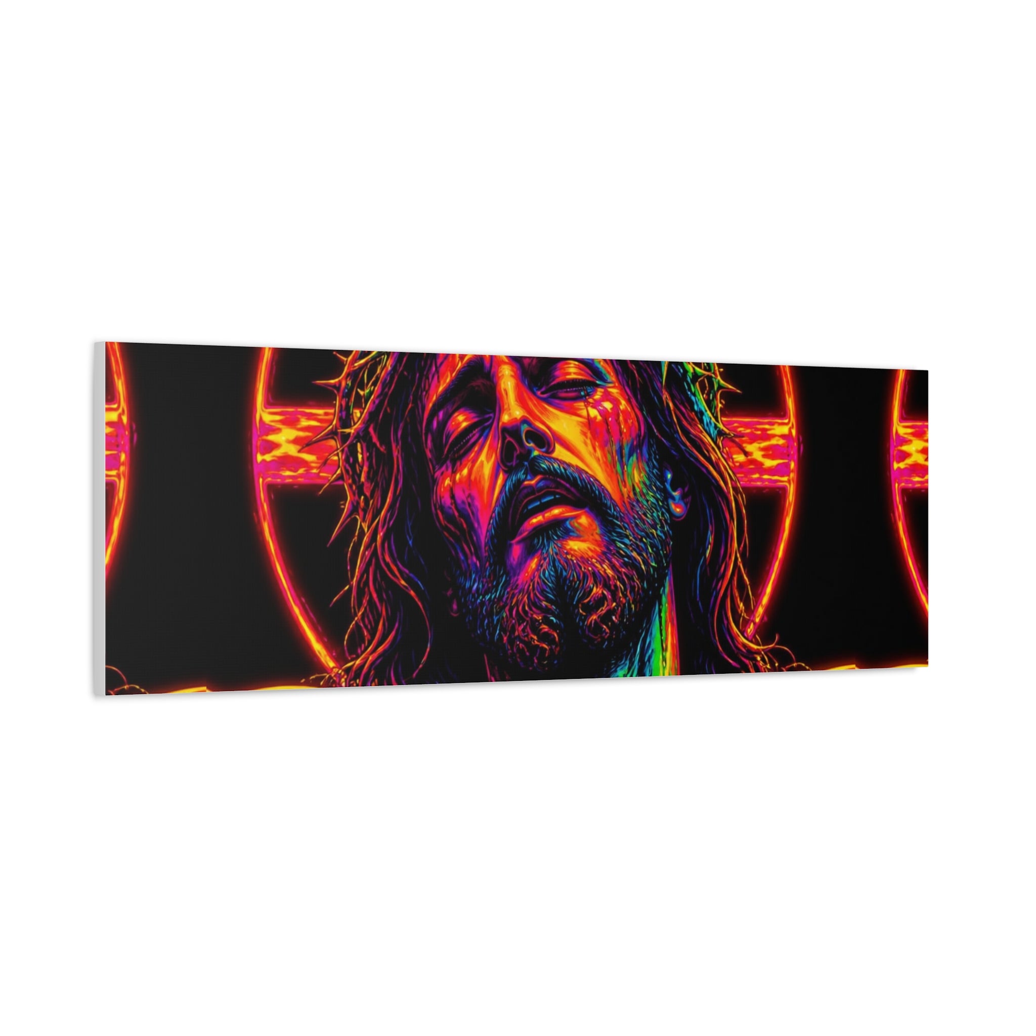 Neon Christ Crucifix Canvas Print — Vibrant Religious Wall Art