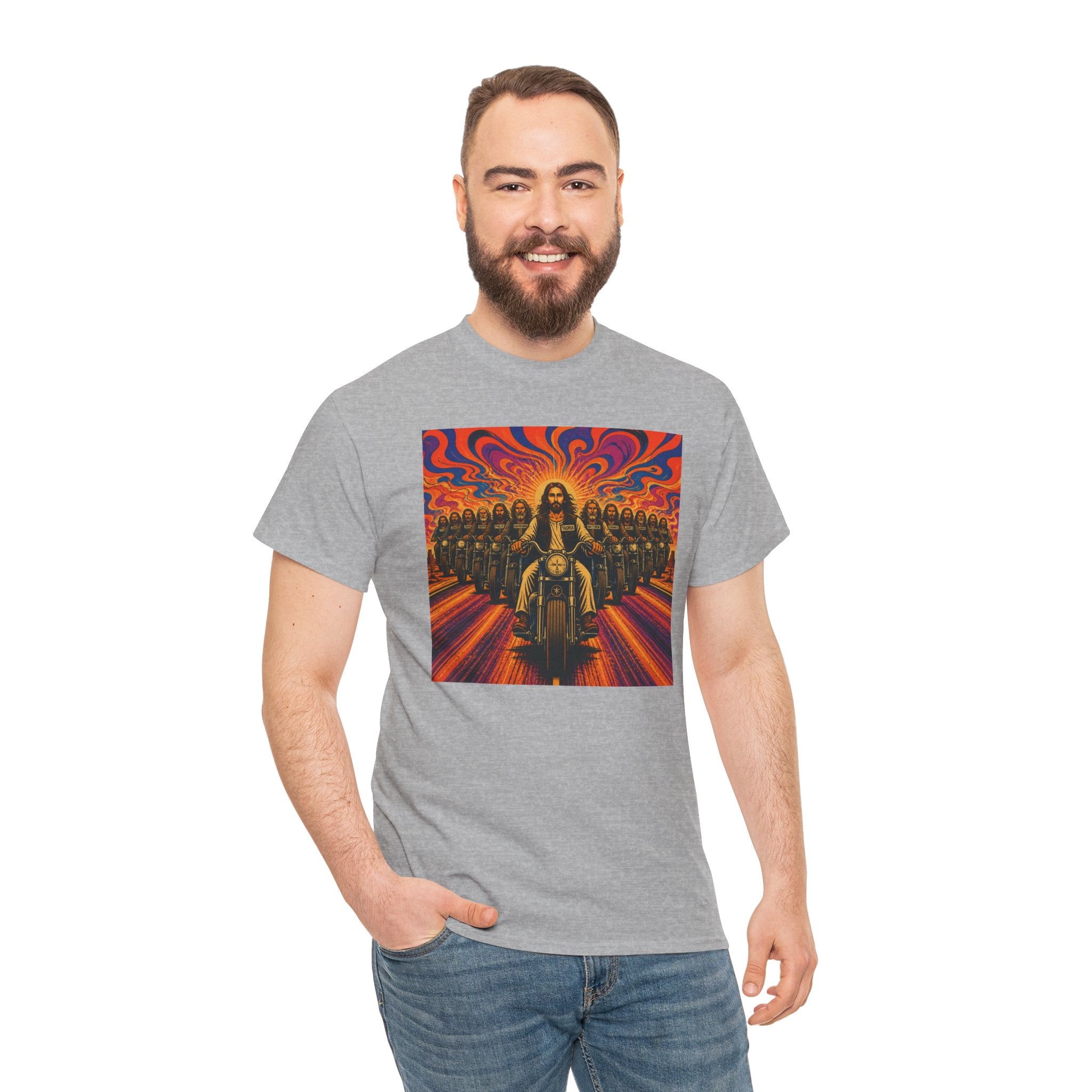 Psychedelic Yashua/Jesus Biker Crew T-Shirt — Retro Jesus Motorcycle Rider Graphic Tee