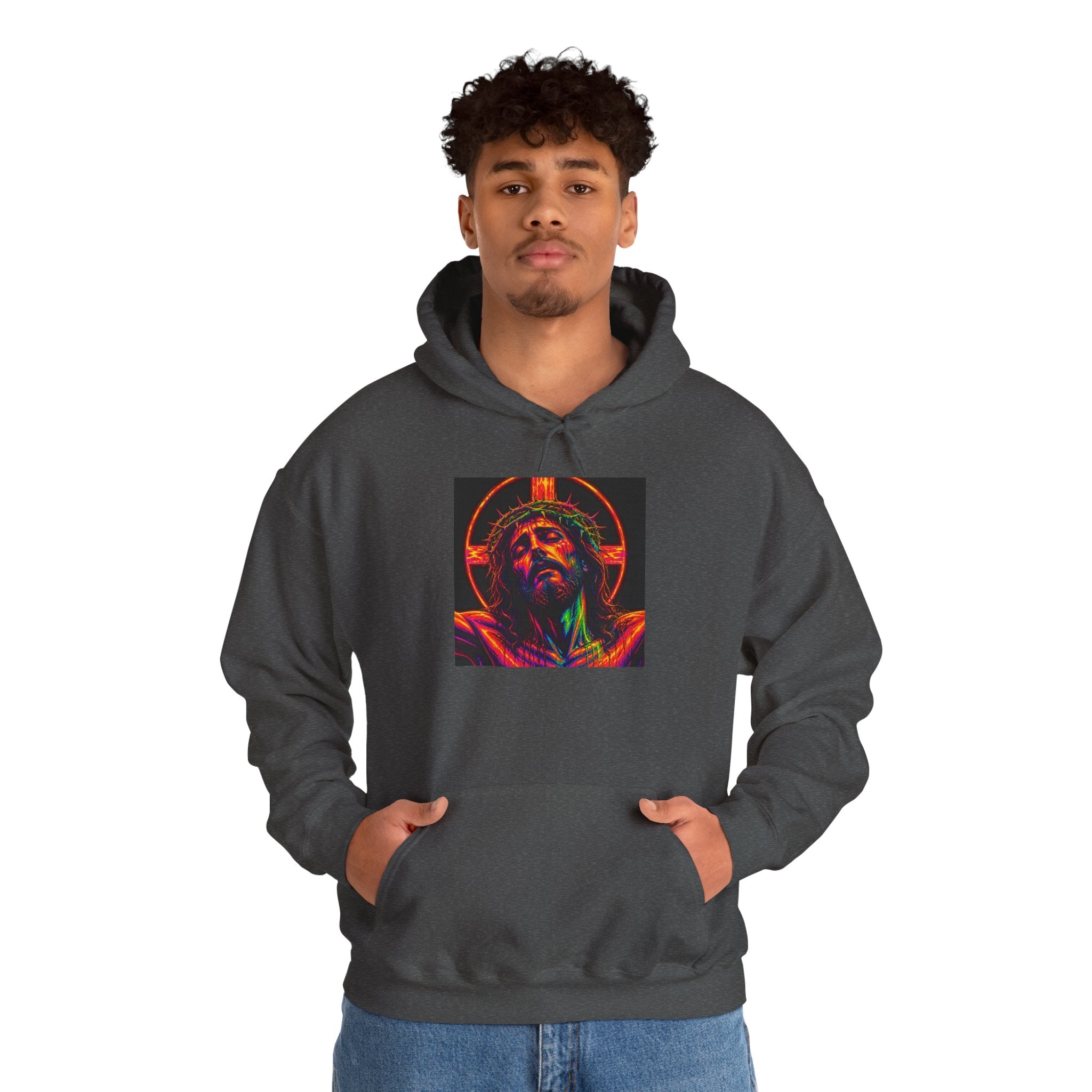 Jesus Portrait Hoodie — Neon Sacred Heart Graphic Hooded Sweatshirt