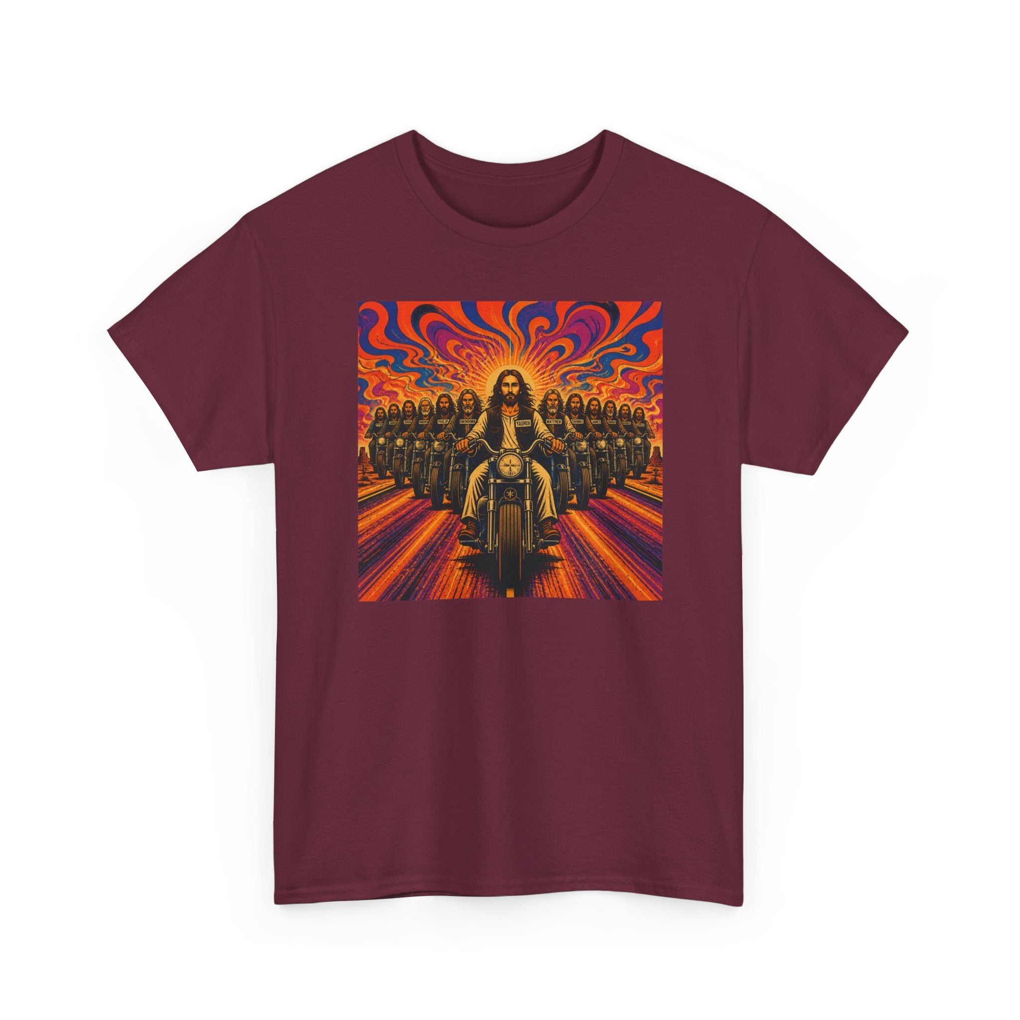 Psychedelic Yashua/Jesus Biker Crew T-Shirt — Retro Jesus Motorcycle Rider Graphic Tee