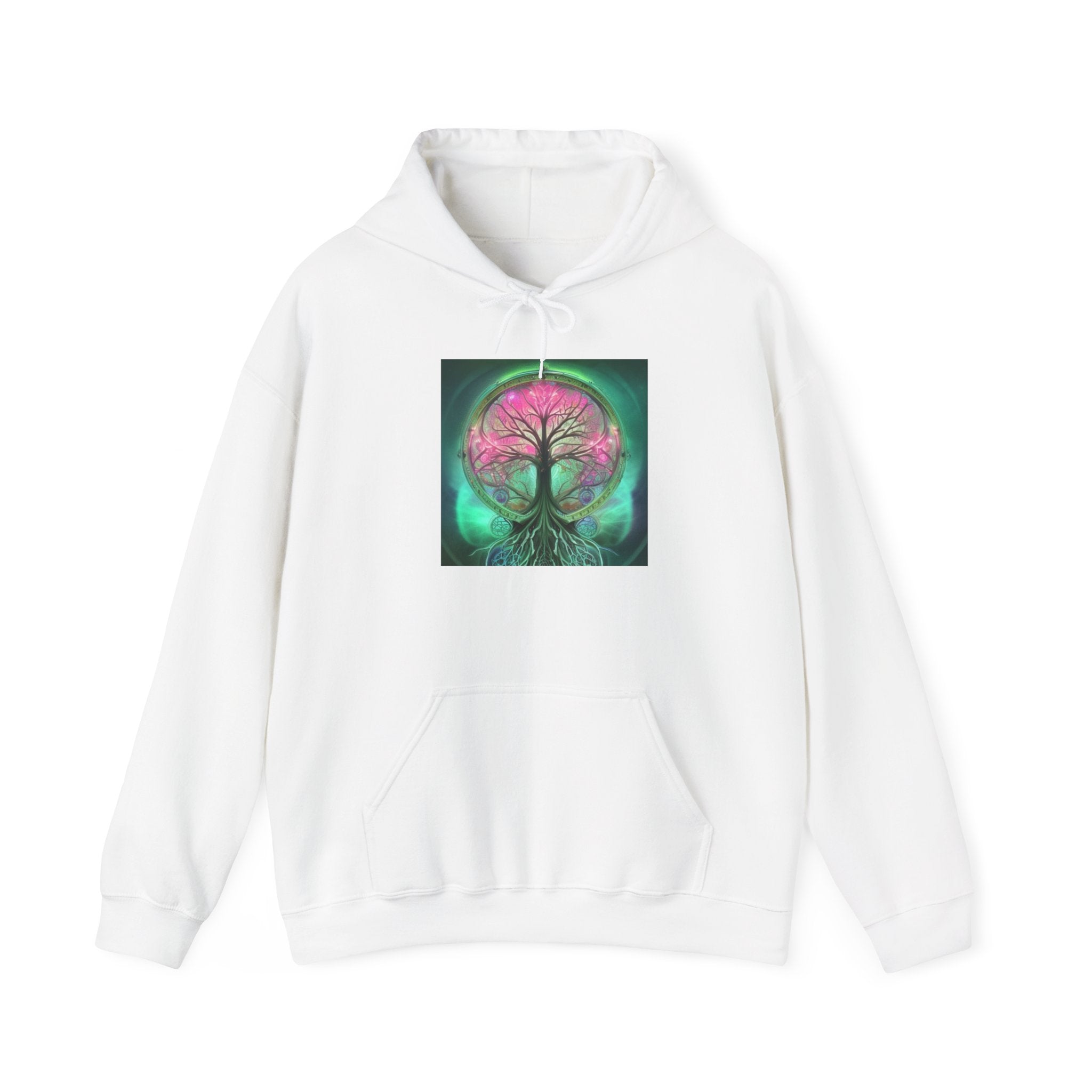 Tree of Life Hoodie — Vibrant Pink & Teal Spiritual Graphic Hooded Sweatshirt