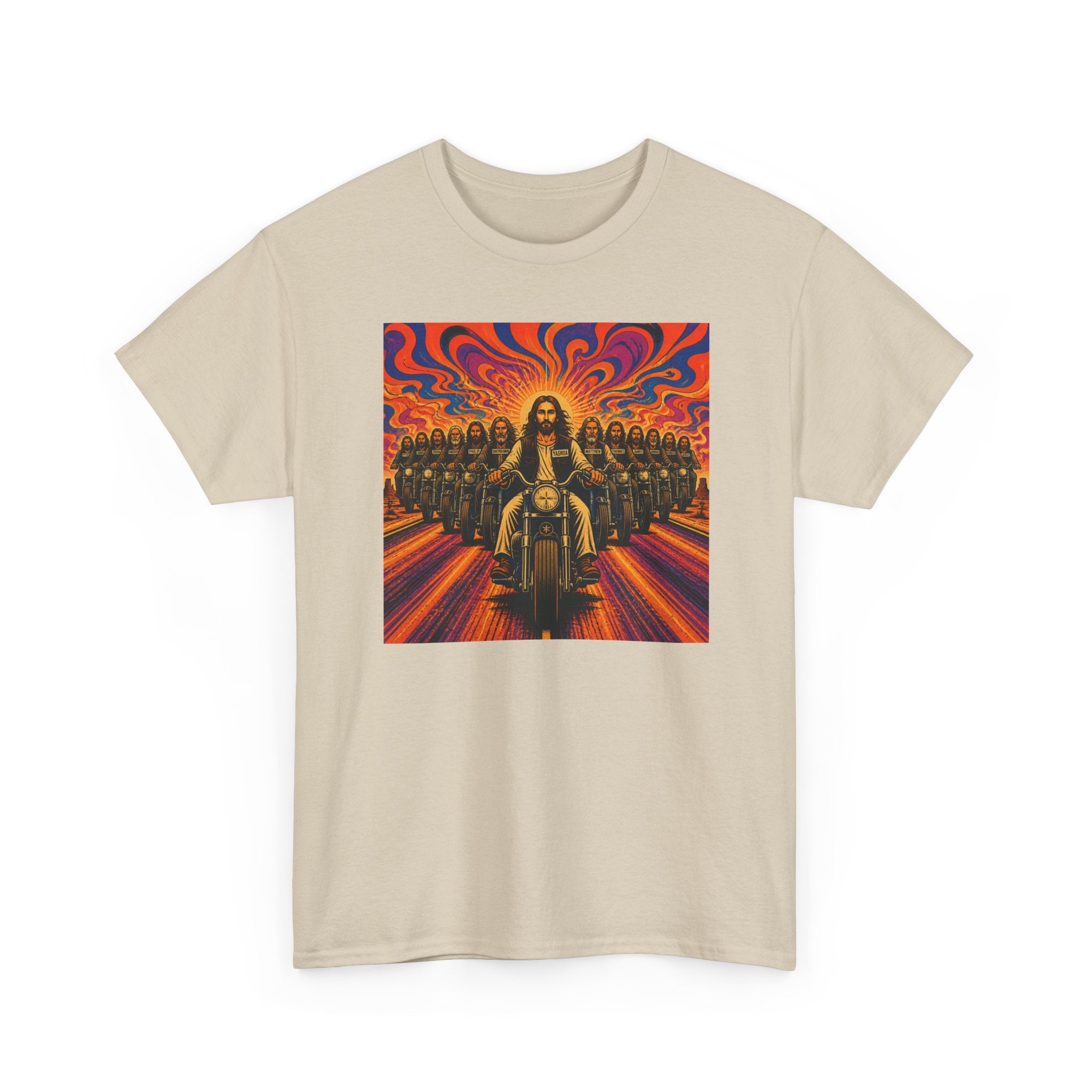 Psychedelic Yashua/Jesus Biker Crew T-Shirt — Retro Jesus Motorcycle Rider Graphic Tee