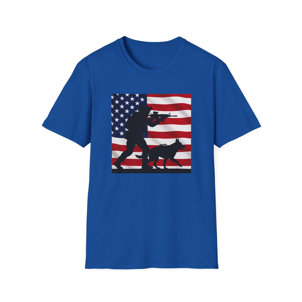 Patriotic K9 Handler T-Shirt — American Flag Soldier with Dog Graphic