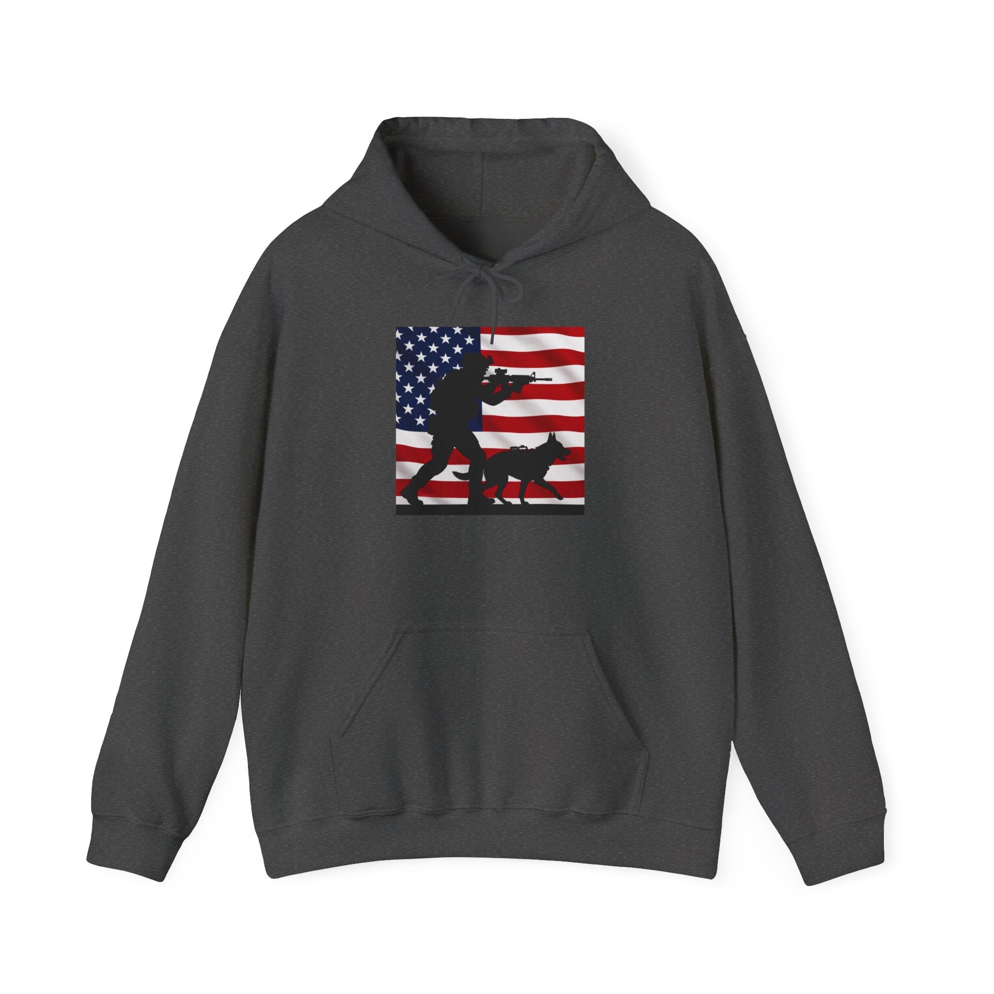 American K9 Handler Hoodie — US Flag Dog Silhouette Patriotic Sweatshirt