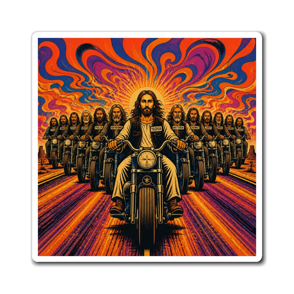 Jesus Motorcycle Rider Magnet — Psychedelic Biker Faith Art Refrigerator Magnet