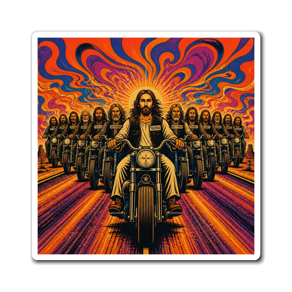 Jesus Motorcycle Rider Magnet — Psychedelic Biker Faith Art Refrigerator Magnet
