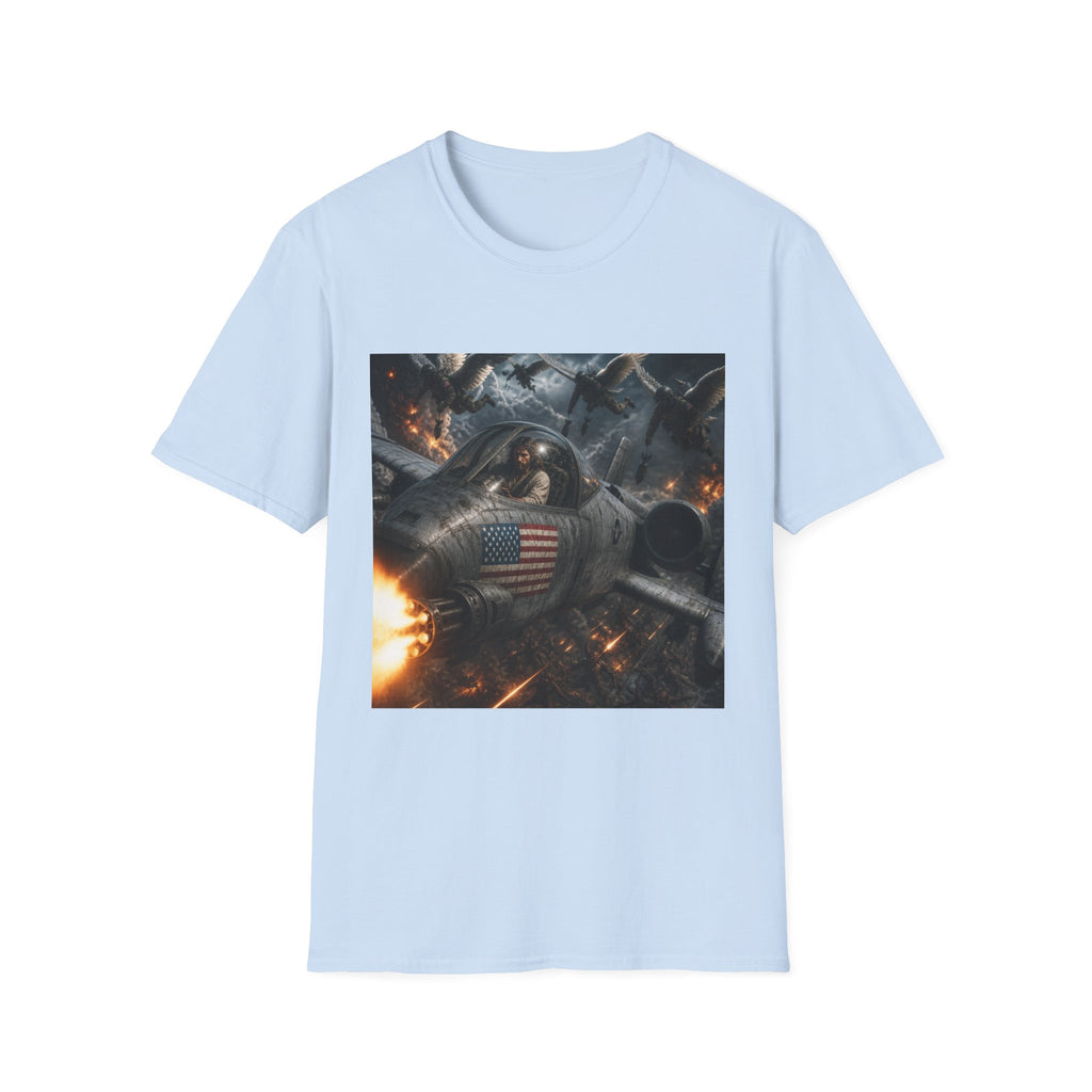 Jesus Military Pilot T‑Shirt — Vintage Jetfighter Scene with American Flag