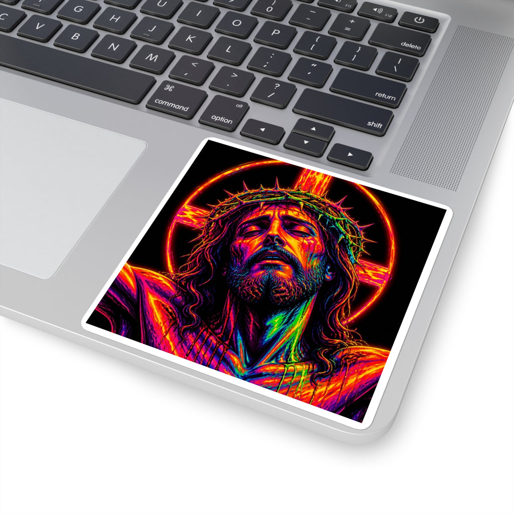 Neon Jesus Square Sticker — Vibrant Crucifixion Art Sticker