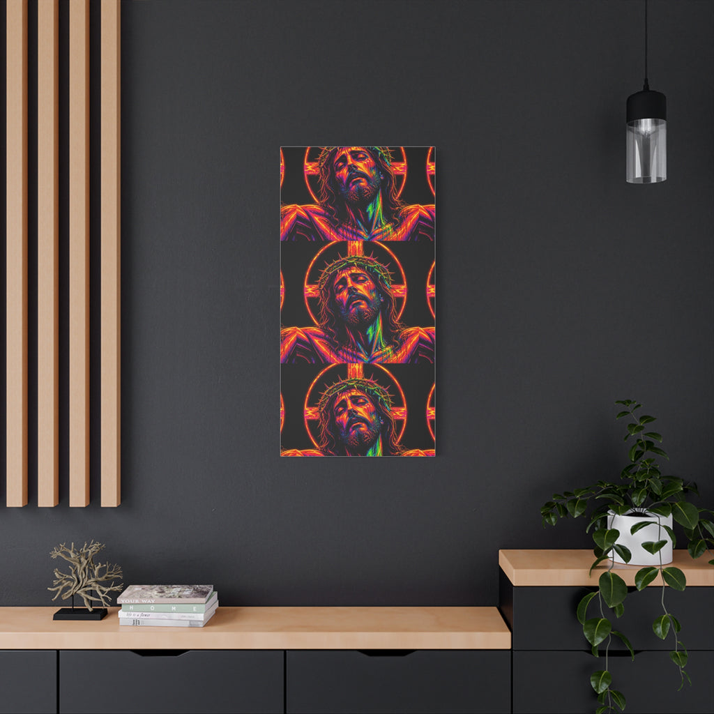 Neon Christ Crucifix Canvas Print — Vibrant Religious Wall Art